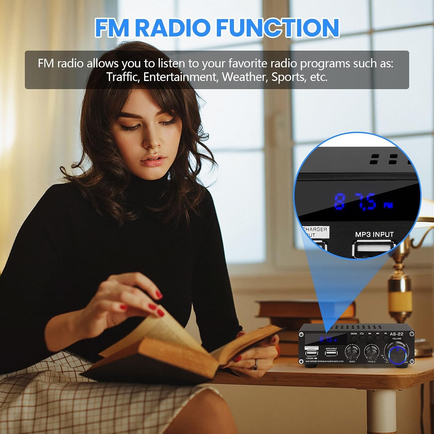 Bluetooth HiFi Versterker AS-22 2.0 Kanalen Mini Stereo Audio Versterker 40W x 2 Klasse D Digitale Vermogensversterker Ontvanger met BT AUX USB-ingang, DC 12V/5A