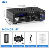 Bluetooth HiFi Versterker AS-22 2.0 Kanalen Mini Stereo Audio Versterker 40W x 2 Klasse D Digitale Vermogensversterker Ontvanger met BT AUX USB-ingang, DC 12V/5A