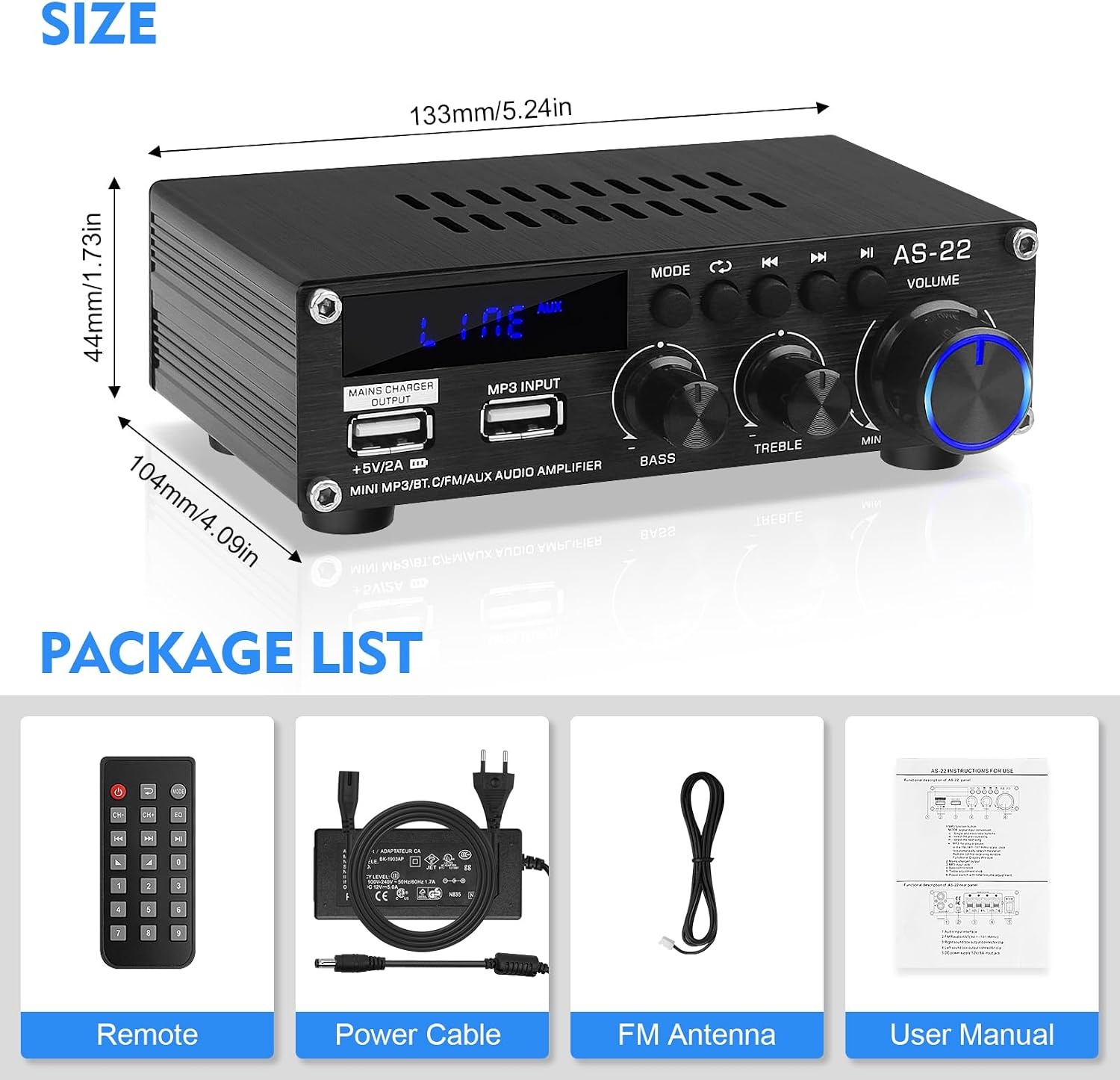 Bluetooth HiFi Versterker AS-22 2.0 Kanalen Mini Stereo Audio Versterker 40W x 2 Klasse D Digitale Vermogensversterker Ontvanger met BT AUX USB-ingang, DC 12V/5A