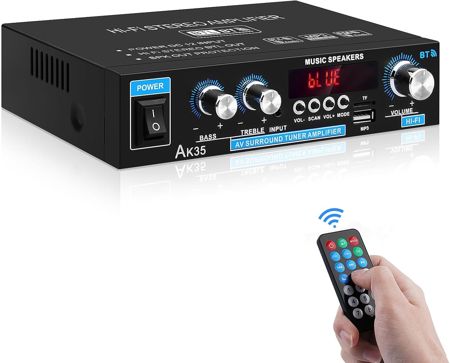 Bluetooth HiFi Versterker AS-22 2.0 Kanalen Mini Stereo Audio Versterker 40W x 2 Klasse D Digitale Vermogensversterker Ontvanger met BT AUX USB-ingang, DC 12V/5A