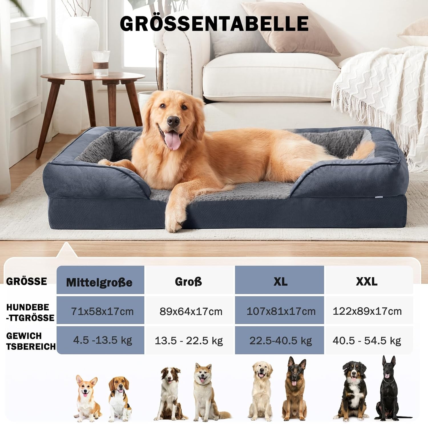 JOEJOY Extra groot orthopedisch hondenbed, extra groot, wasbaar kattenbed, hondenkussen met honingraatstructuur en afneembare waterdichte voering, schuimrubber, orthopedisch, grijs