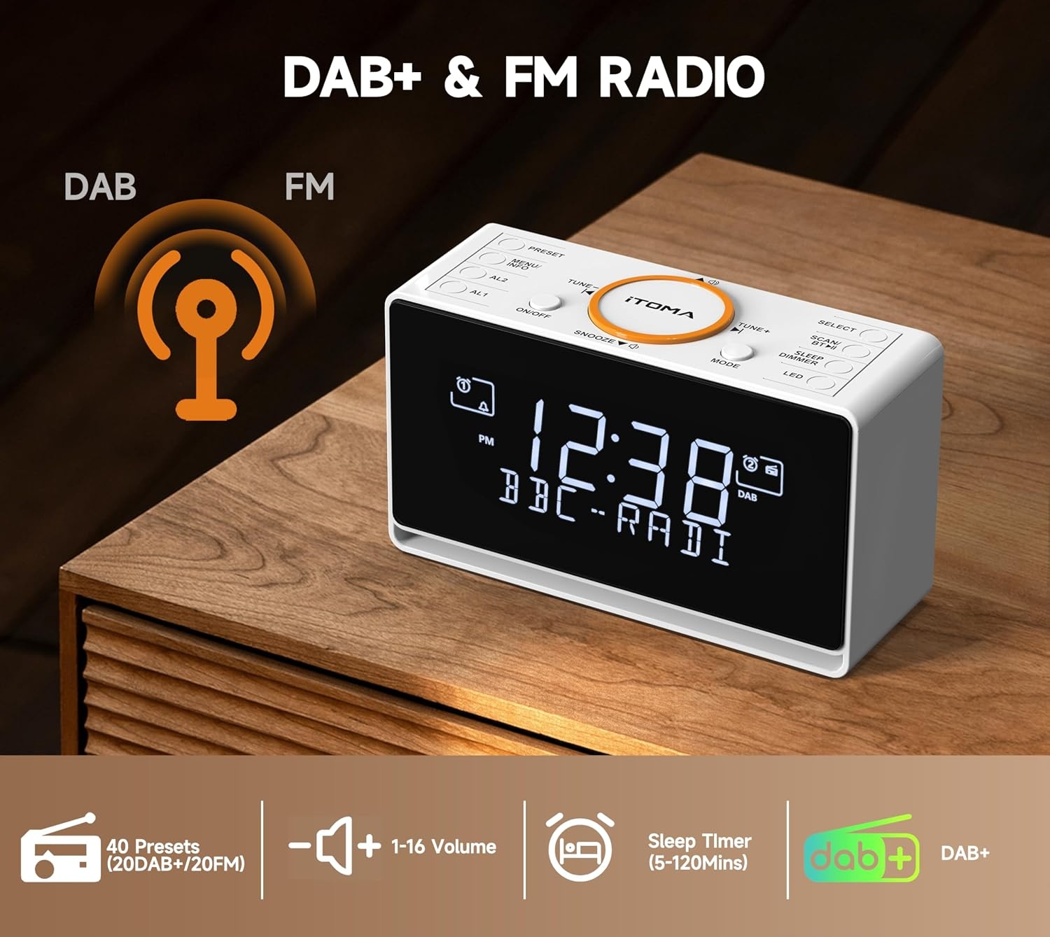 DAB+ & FM-wekkerradio met 40 voorkeurszenders, Bluetooth, sluimerfunctie, slaaptimer, instelbaar volume, dimmer, USB-poort en hoofdtelefoonaansluiting, wekker voor in de slaapkamer iTOMA 728