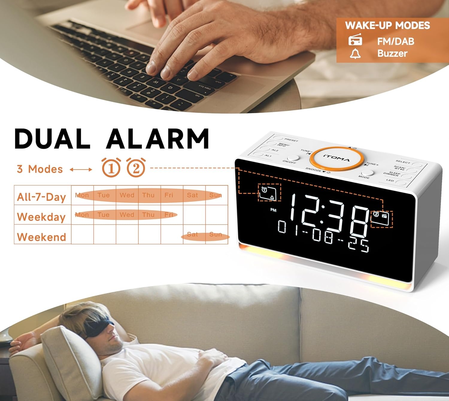 DAB+ & FM-wekkerradio met 40 voorkeurszenders, Bluetooth, sluimerfunctie, slaaptimer, instelbaar volume, dimmer, USB-poort en hoofdtelefoonaansluiting, wekker voor in de slaapkamer iTOMA 728