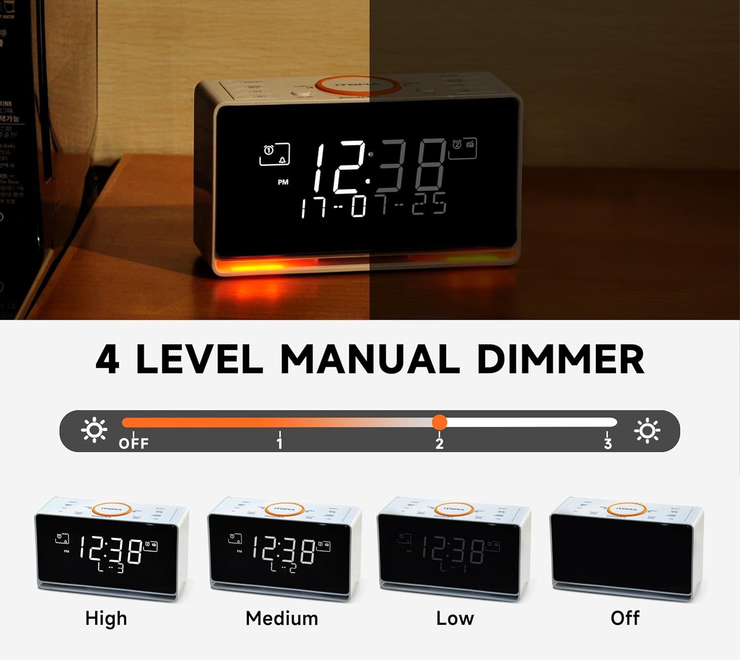 DAB+ & FM-wekkerradio met 40 voorkeurszenders, Bluetooth, sluimerfunctie, slaaptimer, instelbaar volume, dimmer, USB-poort en hoofdtelefoonaansluiting, wekker voor in de slaapkamer iTOMA 728