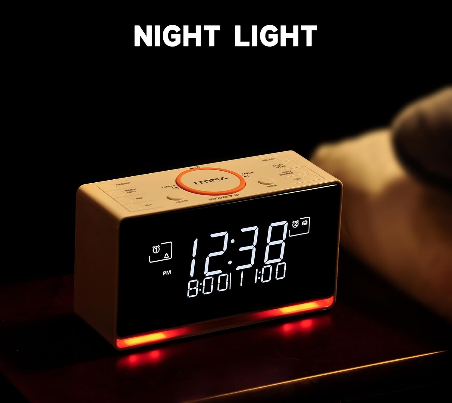 DAB+ & FM-wekkerradio met 40 voorkeurszenders, Bluetooth, sluimerfunctie, slaaptimer, instelbaar volume, dimmer, USB-poort en hoofdtelefoonaansluiting, wekker voor in de slaapkamer iTOMA 728