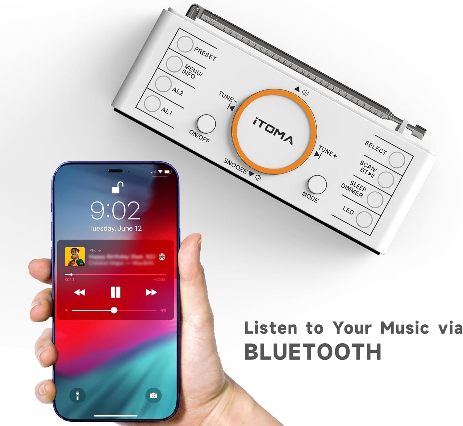DAB+ & FM-wekkerradio met 40 voorkeurszenders, Bluetooth, sluimerfunctie, slaaptimer, instelbaar volume, dimmer, USB-poort en hoofdtelefoonaansluiting, wekker voor in de slaapkamer iTOMA 728