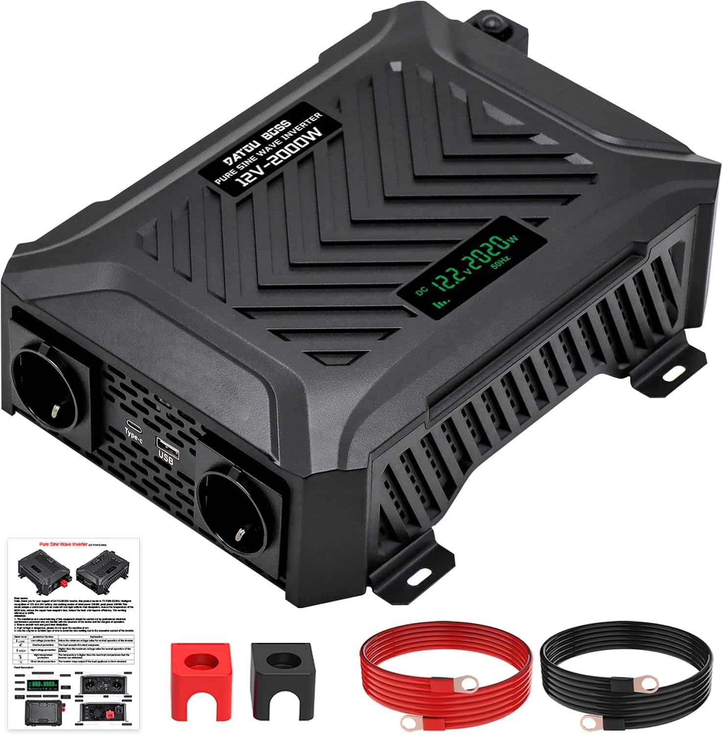 DATOUBOSS Omvormer 12v naar 230v Zuivere Sinus 2000W/4000W, Omvormer 12v naar 230v met 2 EU Stopcontacten, USB & Type-c-uitgang en LCD-Display, Voor Thuis, Campers, Vrachtwagens