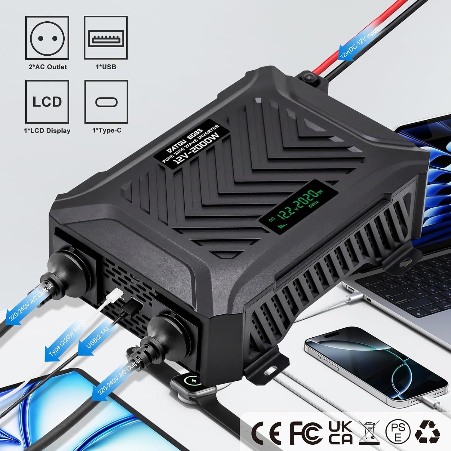 DATOUBOSS Omvormer 12v naar 230v Zuivere Sinus 2000W/4000W, Omvormer 12v naar 230v met 2 EU Stopcontacten, USB & Type-c-uitgang en LCD-Display, Voor Thuis, Campers, Vrachtwagens