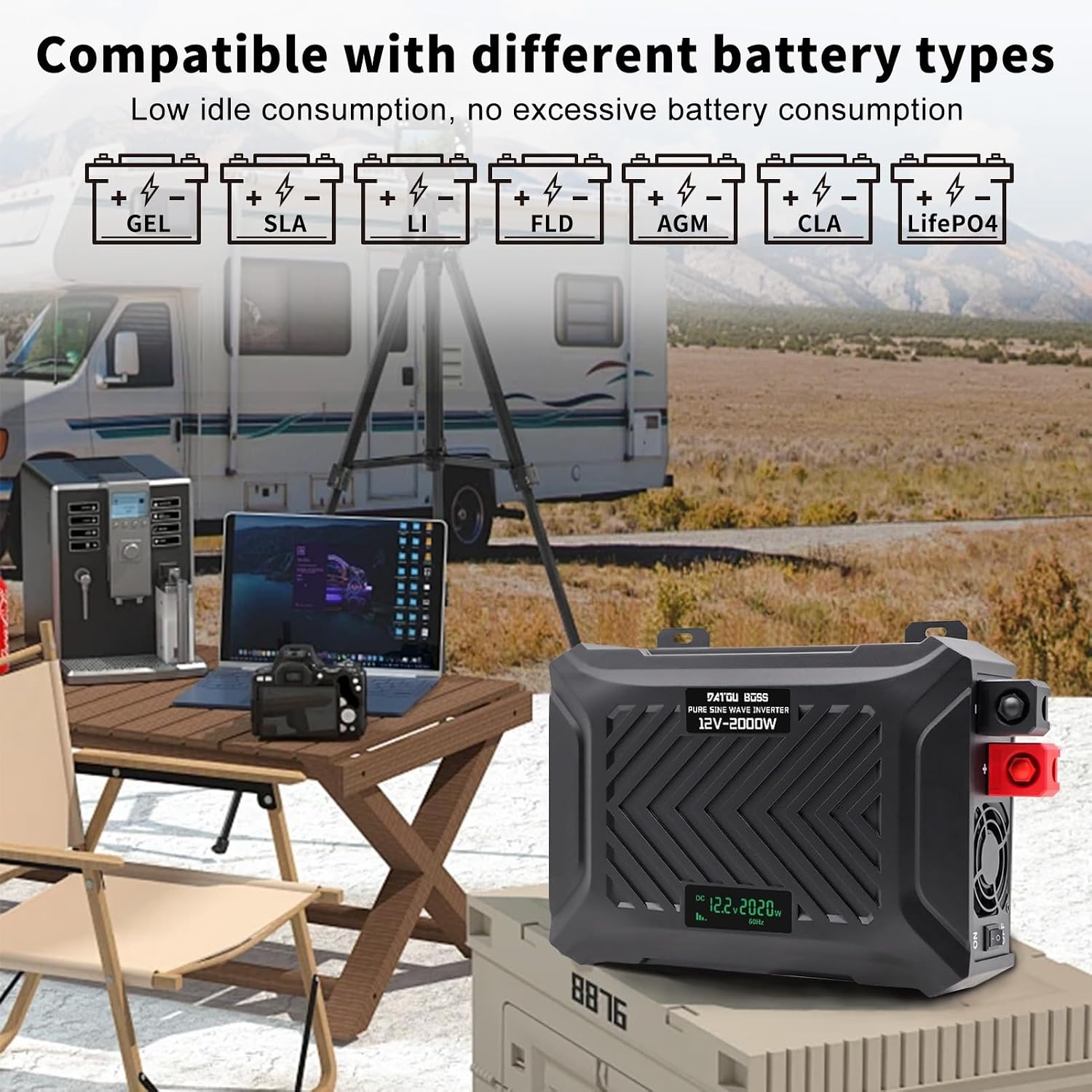 DATOUBOSS Omvormer 12v naar 230v Zuivere Sinus 2000W/4000W, Omvormer 12v naar 230v met 2 EU Stopcontacten, USB & Type-c-uitgang en LCD-Display, Voor Thuis, Campers, Vrachtwagens