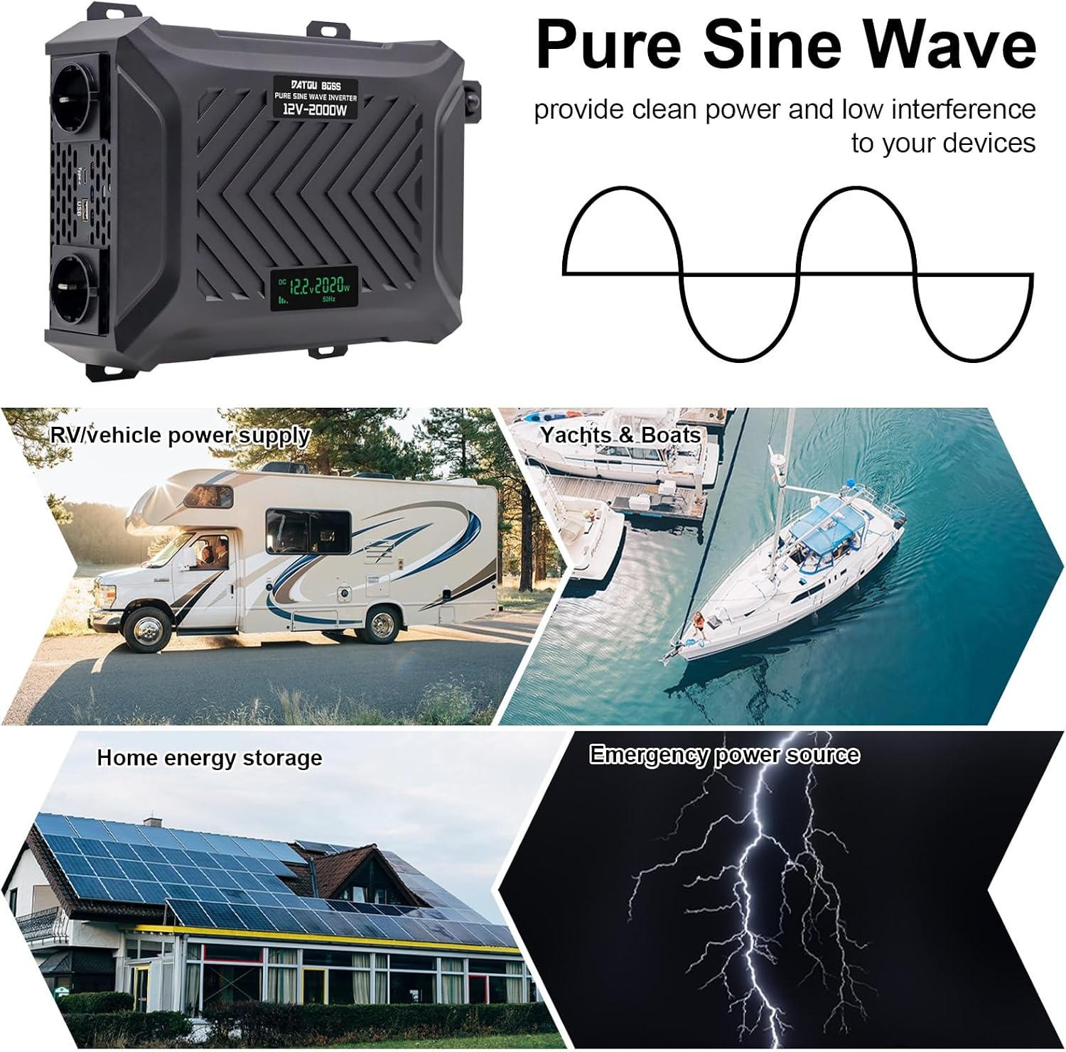 DATOUBOSS Omvormer 12v naar 230v Zuivere Sinus 2000W/4000W, Omvormer 12v naar 230v met 2 EU Stopcontacten, USB & Type-c-uitgang en LCD-Display, Voor Thuis, Campers, Vrachtwagens