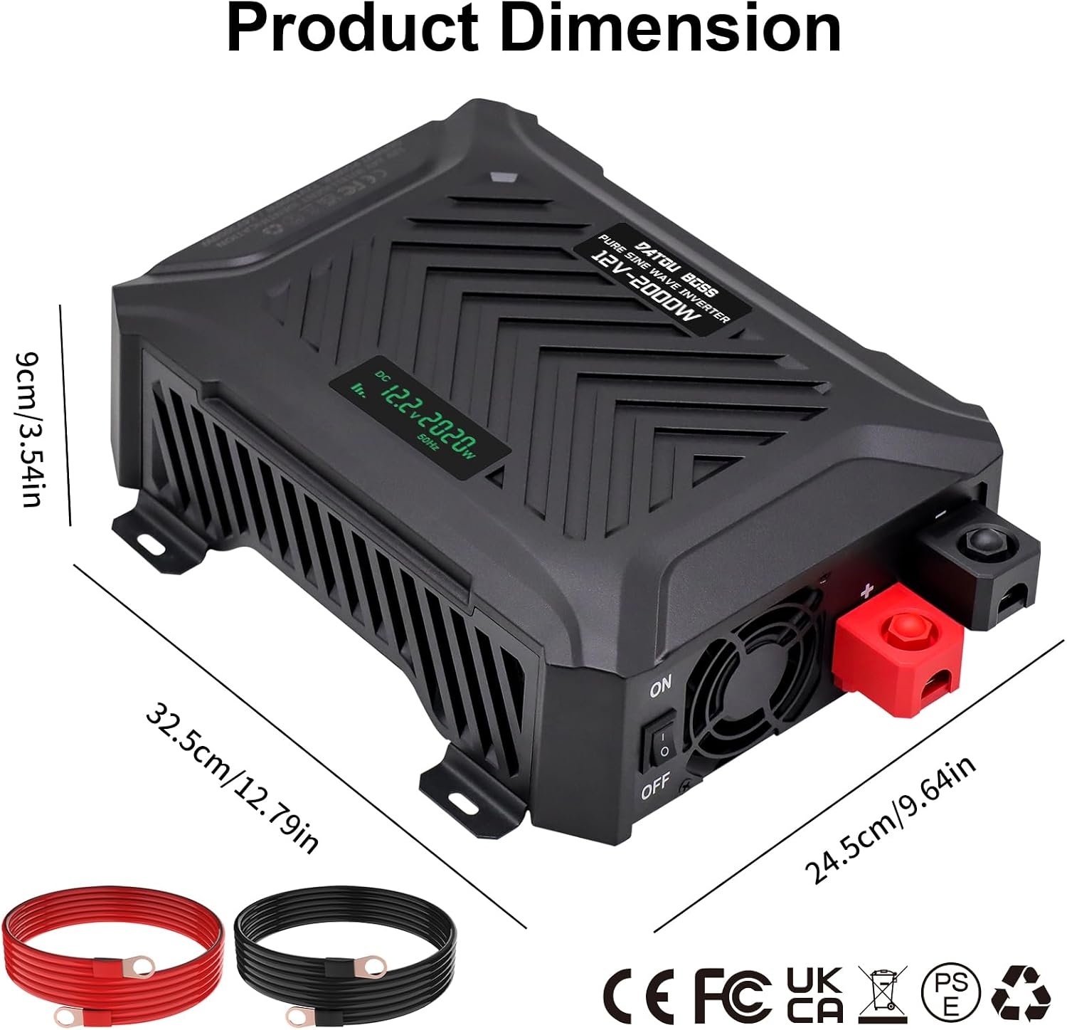 DATOUBOSS Omvormer 12v naar 230v Zuivere Sinus 2000W/4000W, Omvormer 12v naar 230v met 2 EU Stopcontacten, USB & Type-c-uitgang en LCD-Display, Voor Thuis, Campers, Vrachtwagens