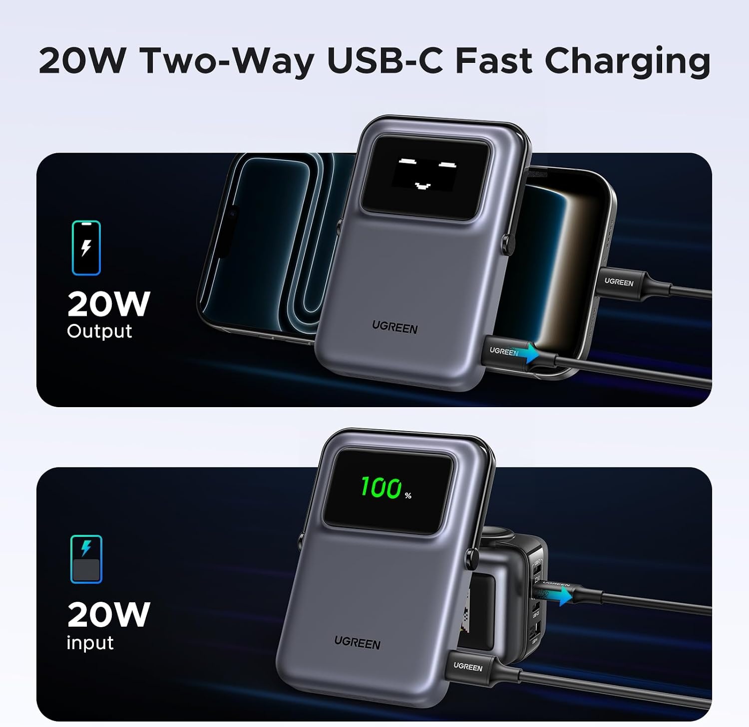UGREEN Uno 10000mAh Magnetische Powerbank met USB-C snellaadfunctie draadloze power bank met standaard compatibel met iPhone 16 Pro Max/16 Pro/16/15 Pro Max/Pro/15/14 (Zwart)