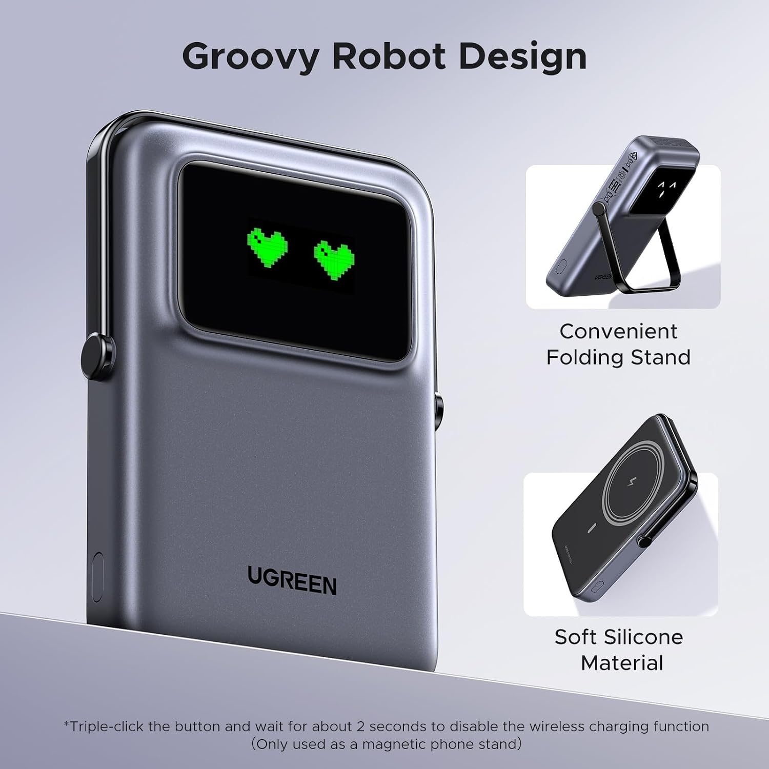 UGREEN Uno 10000mAh Magnetische Powerbank met USB-C snellaadfunctie draadloze power bank met standaard compatibel met iPhone 16 Pro Max/16 Pro/16/15 Pro Max/Pro/15/14 (Zwart)