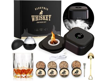 Elektrische whisky smokerset met 4 houten chips, whiskyglazen & ijsbalvorm, oplaadbare cocktail smokerkit, drankrook-r cadeau voor vader, cocktailliefhebbers
