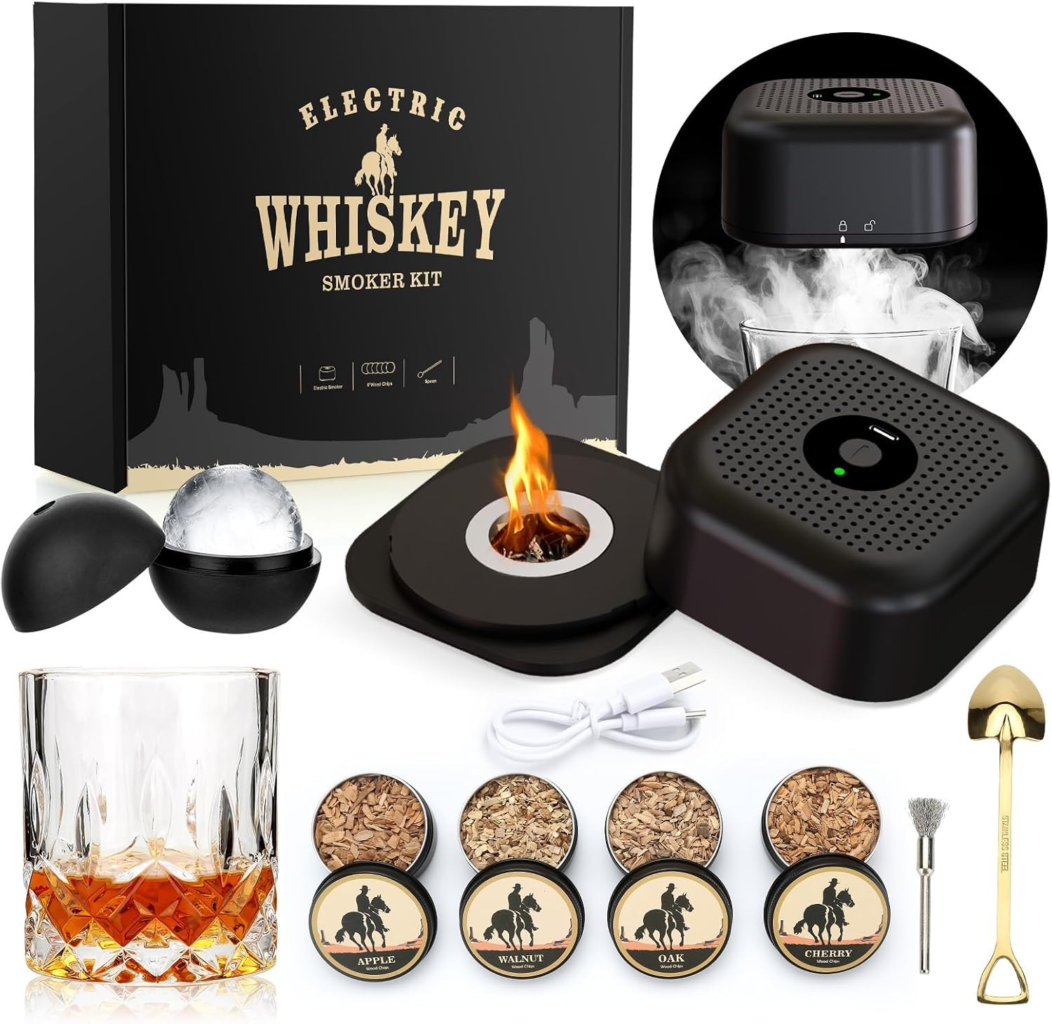 Elektrische whisky smokerset met 4 houten chips, whiskyglazen & ijsbalvorm, oplaadbare cocktail smokerkit, drankrook-r cadeau voor vader, cocktailliefhebbers