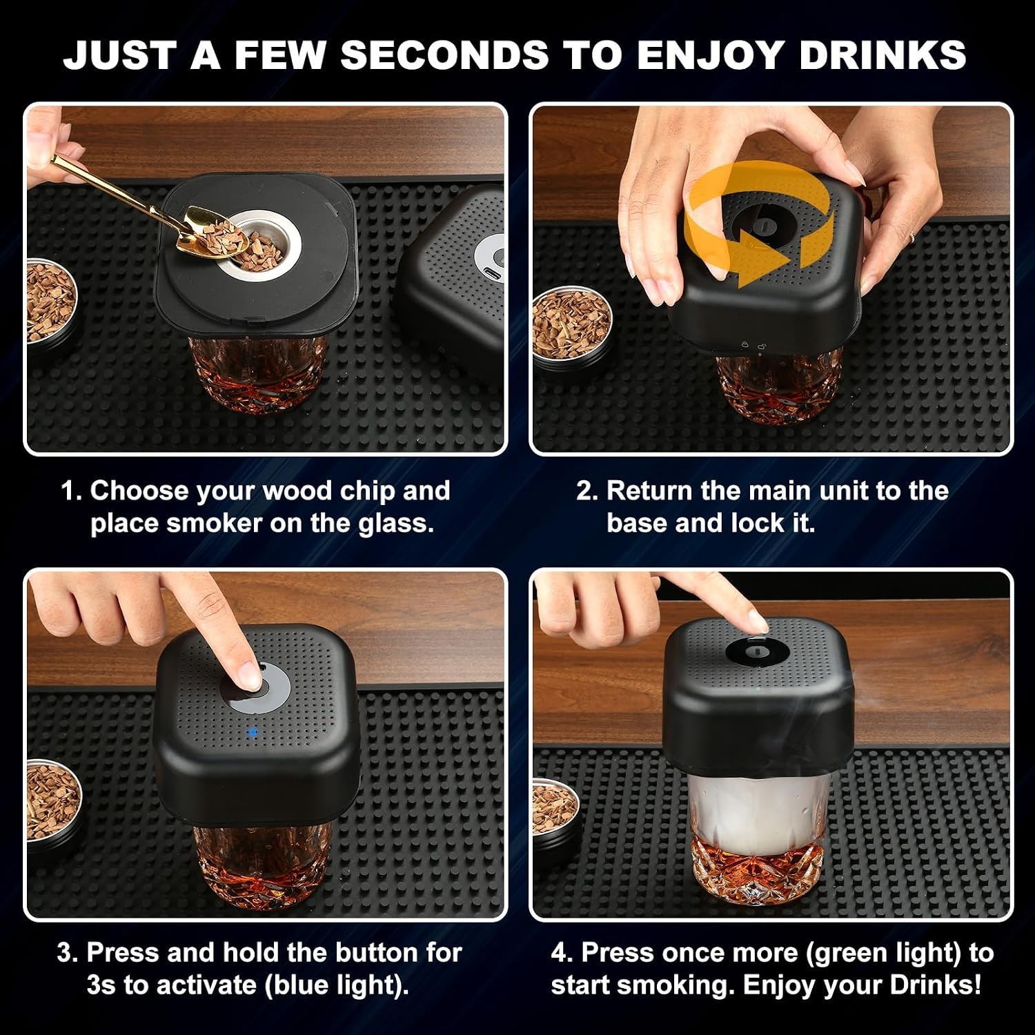 Elektrische whisky smokerset met 4 houten chips, whiskyglazen & ijsbalvorm, oplaadbare cocktail smokerkit, drankrook-r cadeau voor vader, cocktailliefhebbers