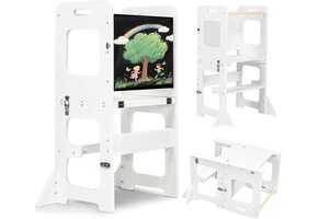 Montessori Leertoren Opvouwbaar 3-in-1 met Tekenbord - Wit (40% Korting!)