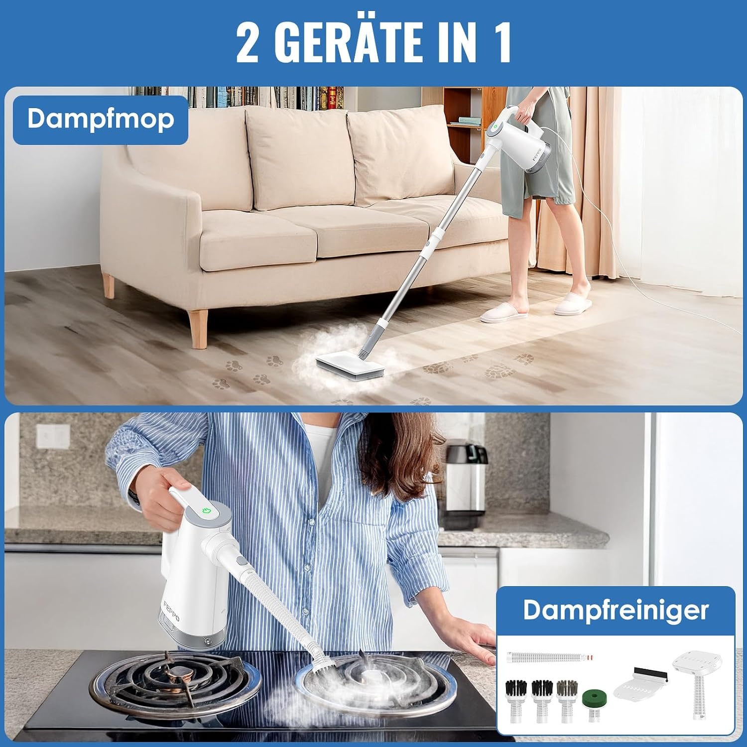 2-in-1 Stoomreiniger & Stoommop, 10-in-1, 1300W, Wit - 61% Korting