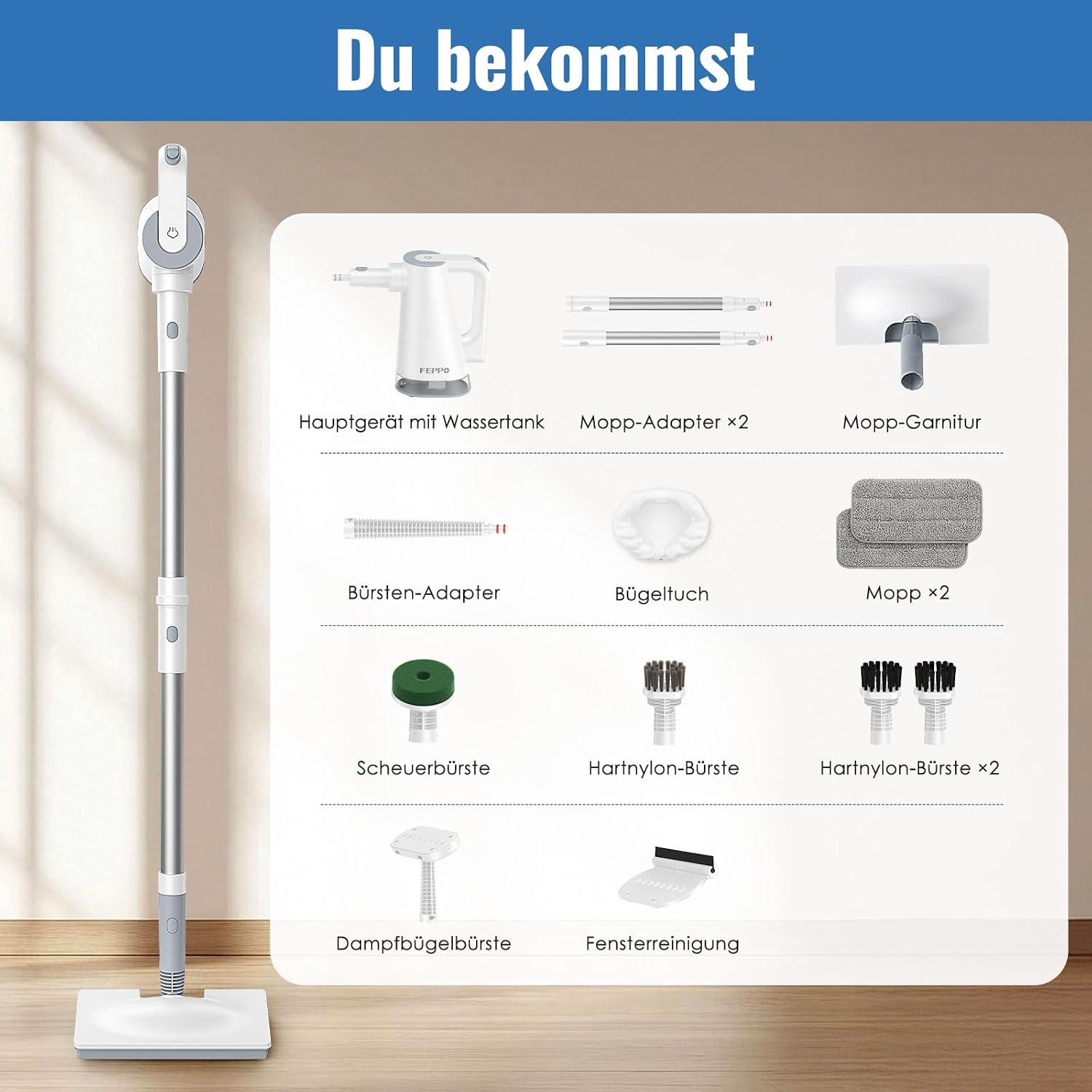 2-in-1 Stoomreiniger & Stoommop, 10-in-1, 1300W, Wit - 61% Korting
