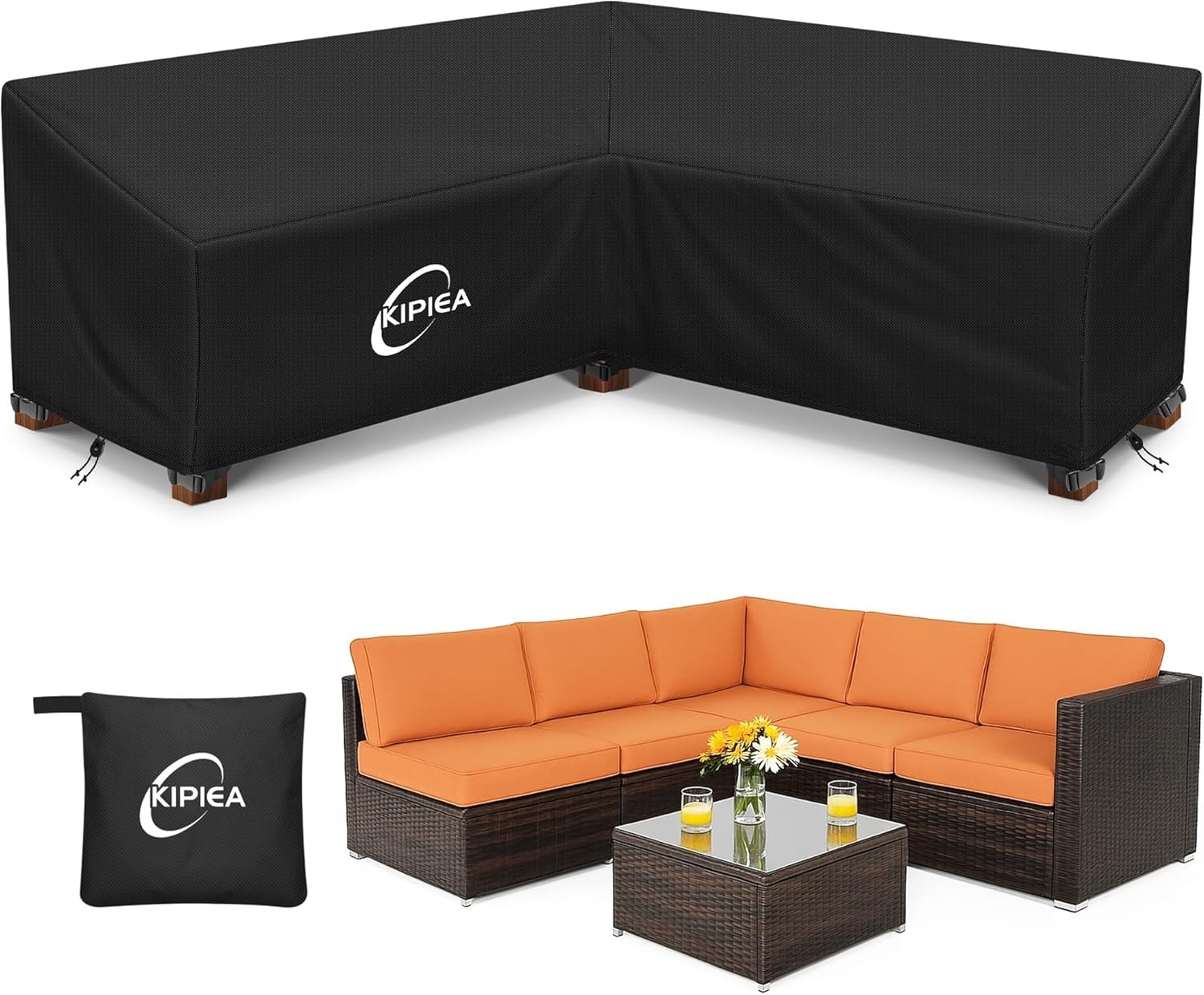 Kipiea V-Shaped Garden Furniture Covers Waterproof, Outdoor Protective Cover for Corner Sofa Windproof, 420D Oxford Fabric Garden Furniture Cover Lounge Set Cover V Shape, Anti-UV, No Cracks (226x226x85x78/61cm) - Maat 226x226x85x78cm