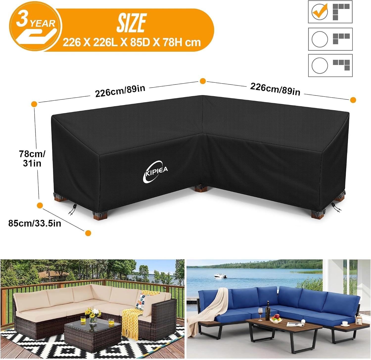 Kipiea V-Shaped Garden Furniture Covers Waterproof, Outdoor Protective Cover for Corner Sofa Windproof, 420D Oxford Fabric Garden Furniture Cover Lounge Set Cover V Shape, Anti-UV, No Cracks (226x226x85x78/61cm) - Maat 226x226x85x78cm
