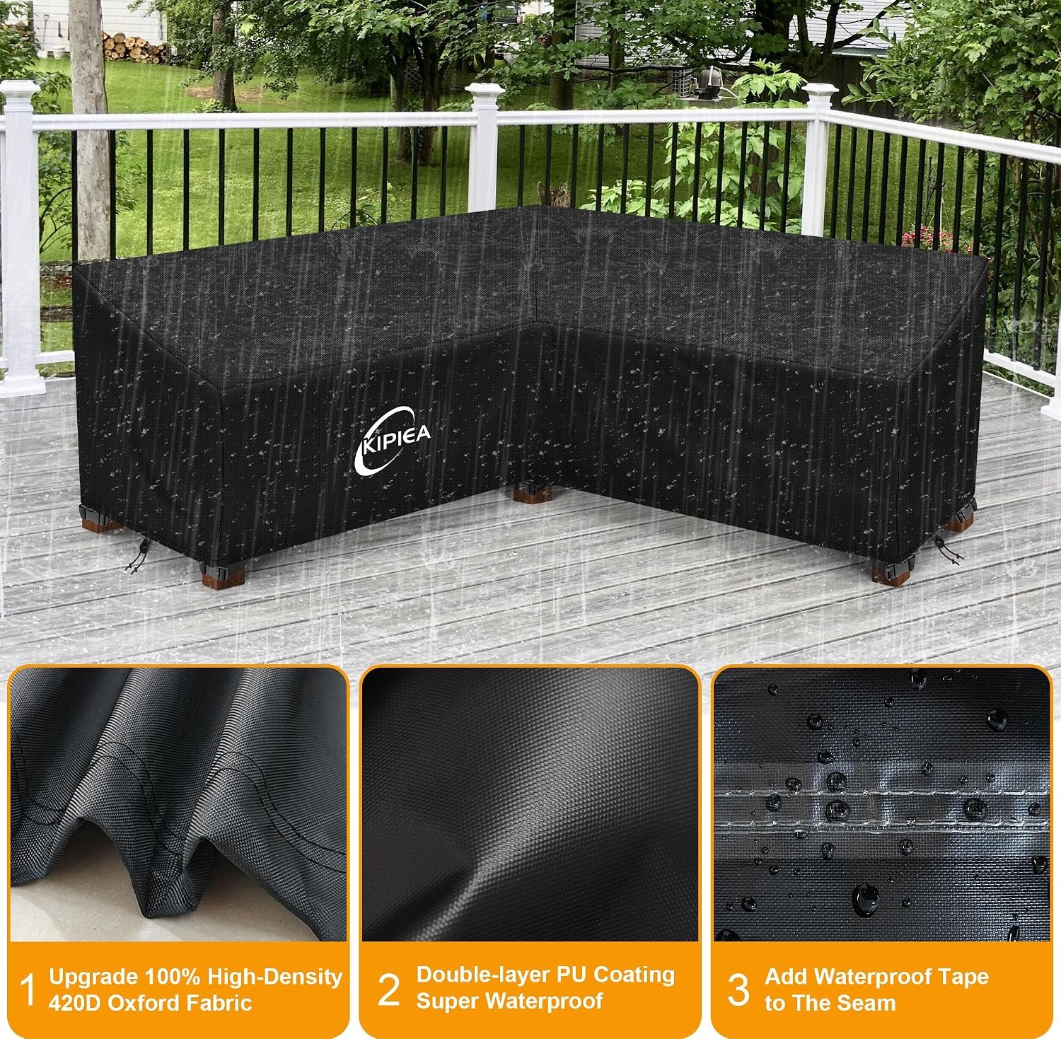 Kipiea V-Shaped Garden Furniture Covers Waterproof, Outdoor Protective Cover for Corner Sofa Windproof, 420D Oxford Fabric Garden Furniture Cover Lounge Set Cover V Shape, Anti-UV, No Cracks (226x226x85x78/61cm) - Maat 226x226x85x78cm
