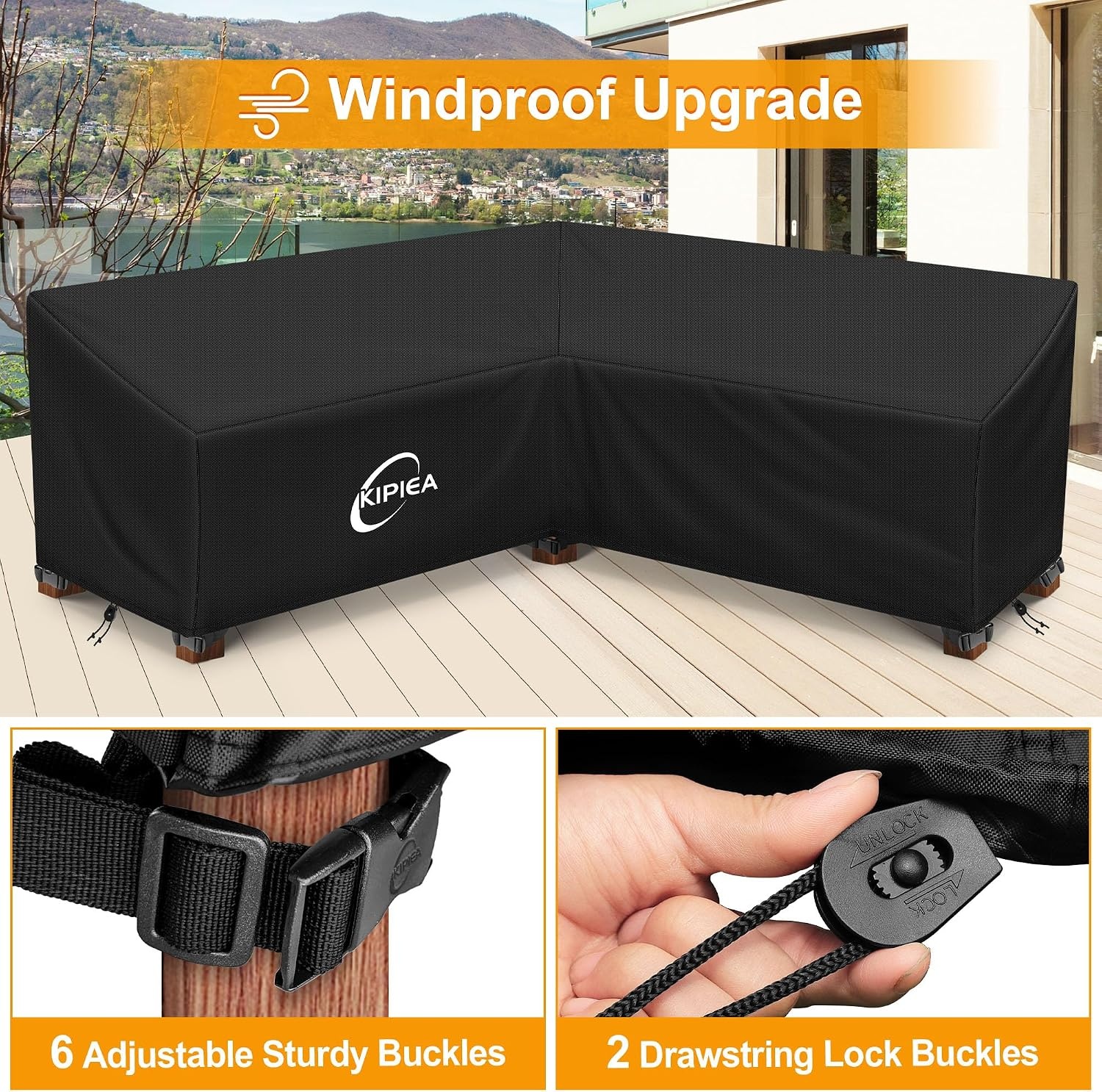 Kipiea V-Shaped Garden Furniture Covers Waterproof, Outdoor Protective Cover for Corner Sofa Windproof, 420D Oxford Fabric Garden Furniture Cover Lounge Set Cover V Shape, Anti-UV, No Cracks (226x226x85x78/61cm) - Maat 226x226x85x78cm