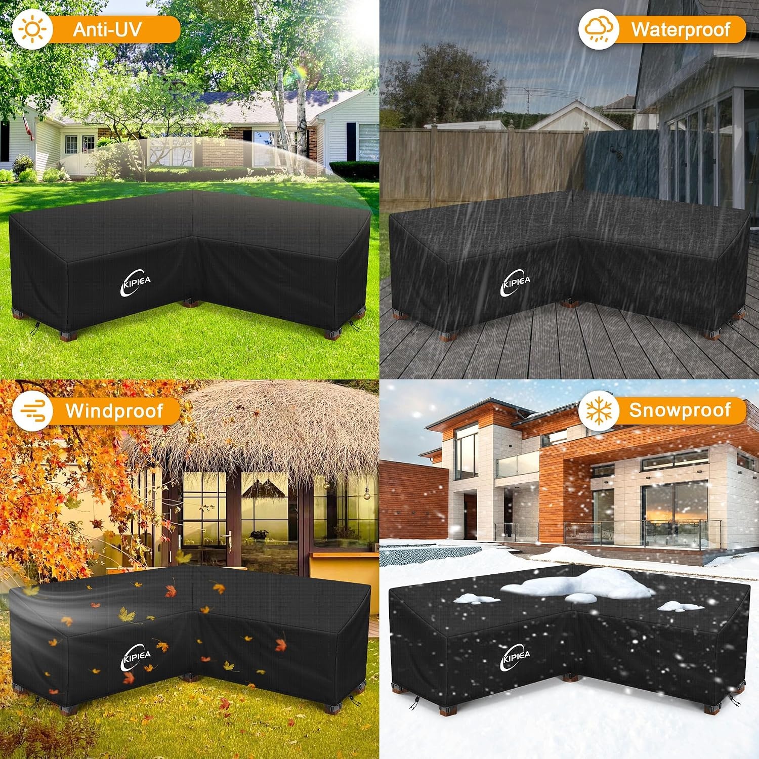 Kipiea V-Shaped Garden Furniture Covers Waterproof, Outdoor Protective Cover for Corner Sofa Windproof, 420D Oxford Fabric Garden Furniture Cover Lounge Set Cover V Shape, Anti-UV, No Cracks (226x226x85x78/61cm) - Maat 226x226x85x78cm