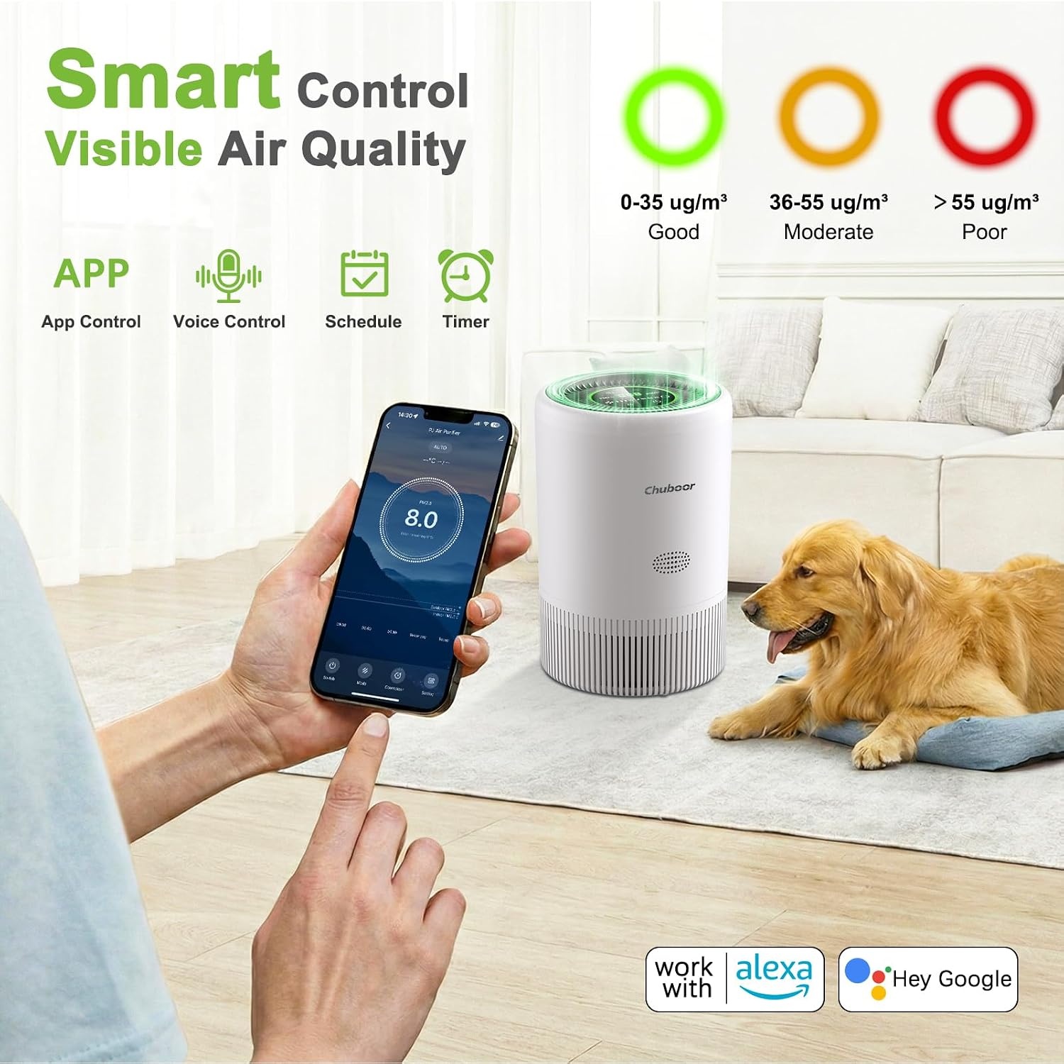 Luchtreiniger voor mensen met allergieën, lufutreiniger 3 snelheden, 25 dB HEPA-luchtfilter tegen schimmel, stof en dierenharen, 305 m³/h, CADR voor slaapkamer tot 120 m², luchtkwaliteitsweergave