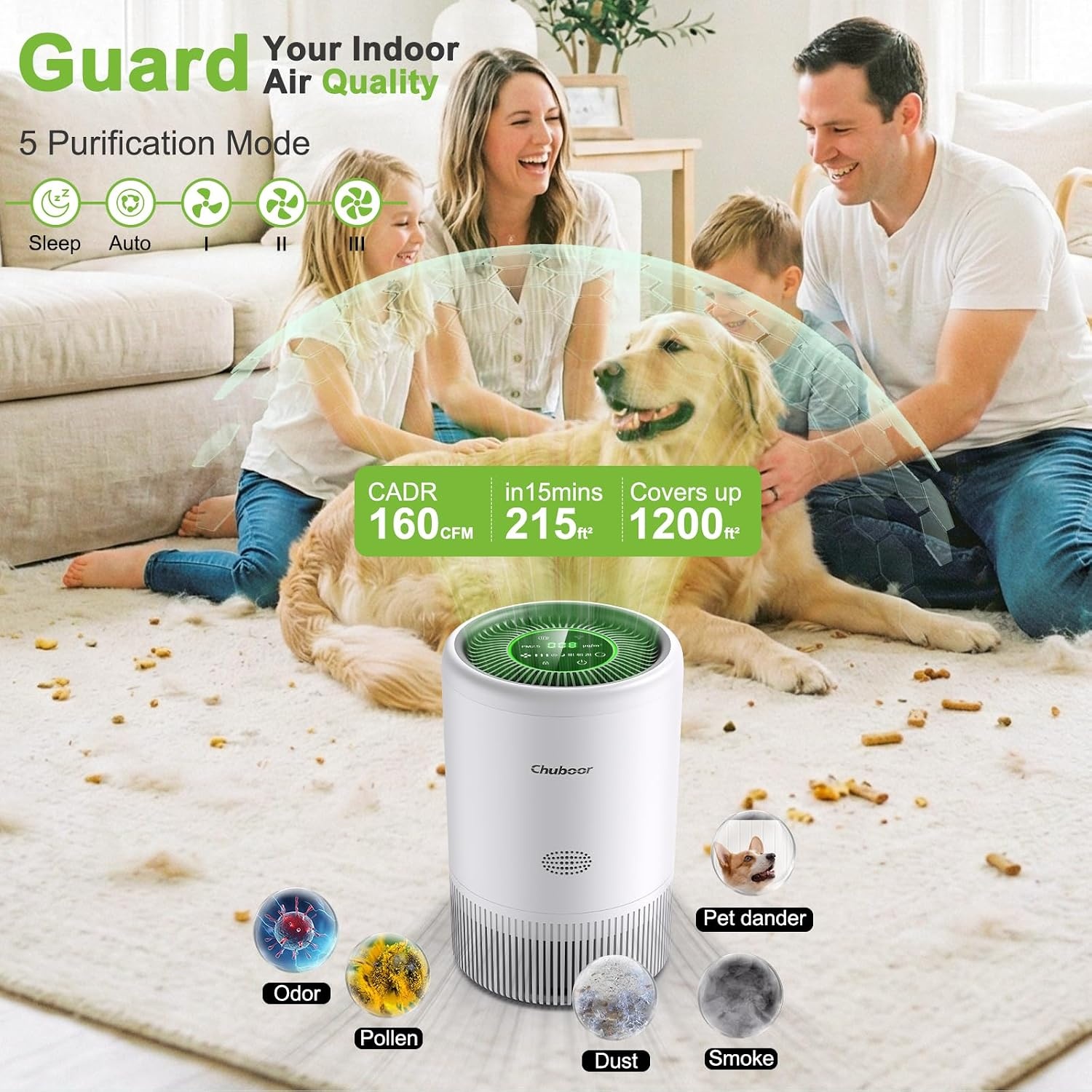 Luchtreiniger voor mensen met allergieën, lufutreiniger 3 snelheden, 25 dB HEPA-luchtfilter tegen schimmel, stof en dierenharen, 305 m³/h, CADR voor slaapkamer tot 120 m², luchtkwaliteitsweergave
