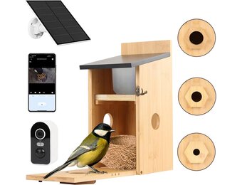Bird Box Camera 5MP HD, Bird House for Garden, 2.4G WiFi and Notifications, Observe Nesting and Hatching, Take Photos, Record Videos, Night Vision, Nesting Box for Blue tits, Great tits and Sparrows - Maat Solar Charging