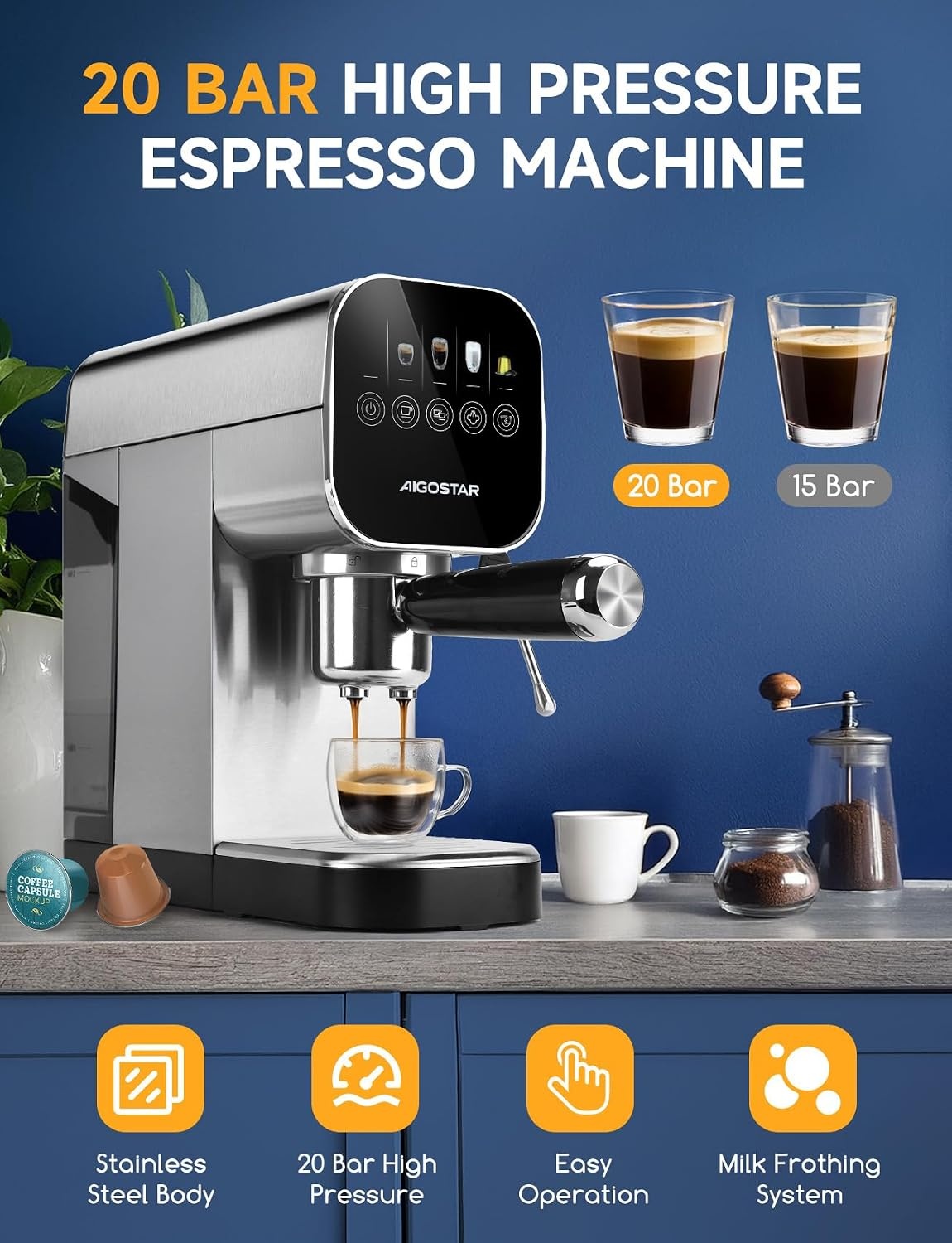 Espressomachine Aigostar 20 Bar - Digitaal Touchscreen - 30% Korting