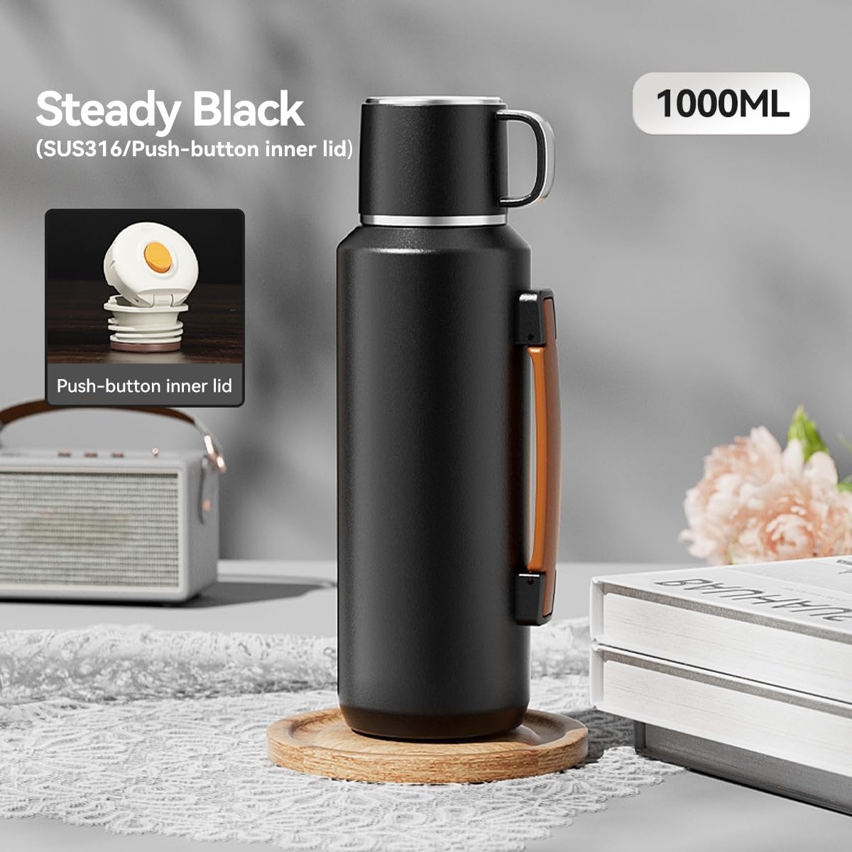 Roestvrijstalen Thermosfles Zwart 1000ml - 32% Korting!