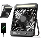 Warmco 20000mAh Camping Ventilator Oplaadbaar, Ultra-Dun 27cm Hoog met LED-Lamp, 48u Looptijd, Draagbare Tafelventilator voor Tent, Reizen, Buiten, Slaapkamer