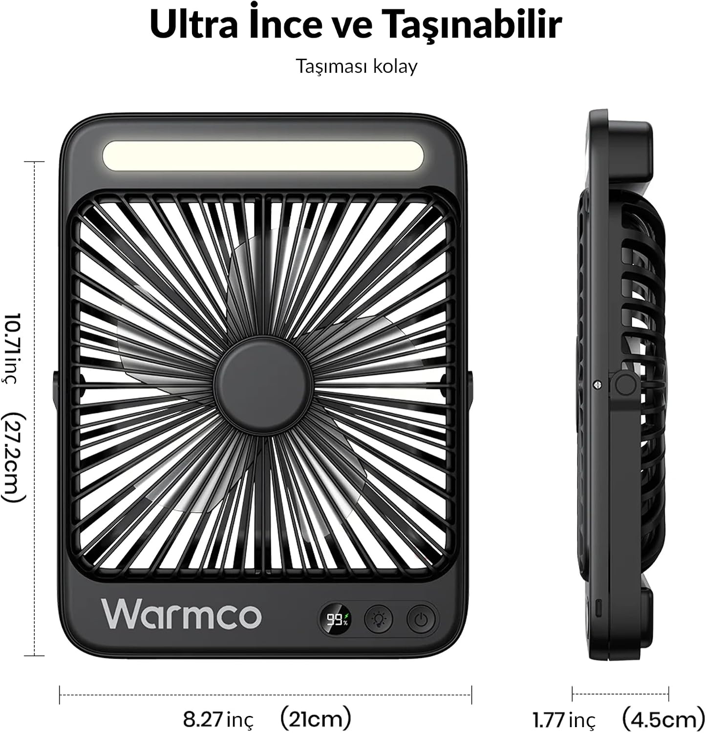 Warmco 20000mAh Camping Ventilator Oplaadbaar, Ultra-Dun 27cm Hoog met LED-Lamp, 48u Looptijd, Draagbare Tafelventilator voor Tent, Reizen, Buiten, Slaapkamer