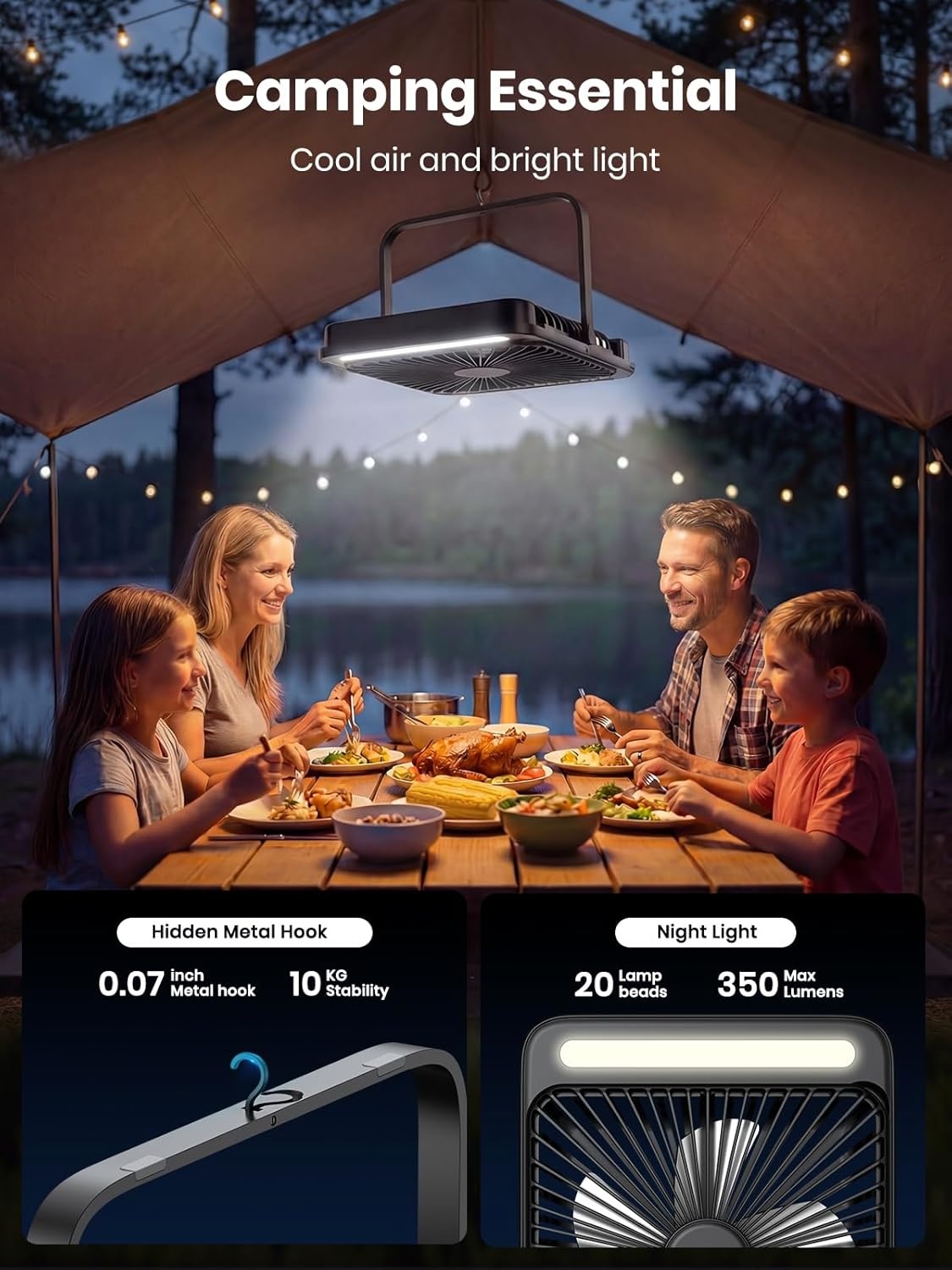 Warmco 20000mAh Camping Ventilator Oplaadbaar, Ultra-Dun 27cm Hoog met LED-Lamp, 48u Looptijd, Draagbare Tafelventilator voor Tent, Reizen, Buiten, Slaapkamer