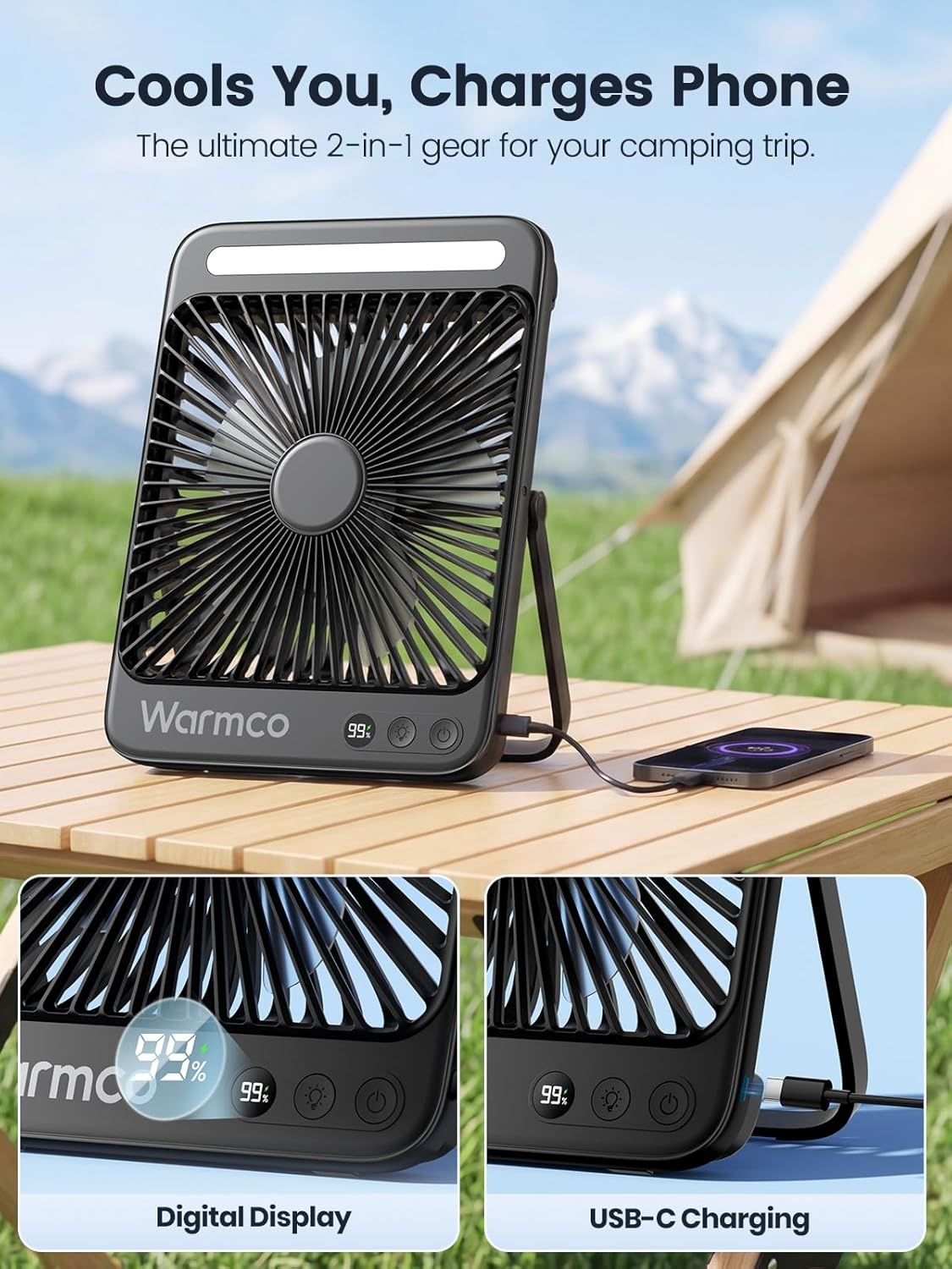 Warmco 20000mAh Camping Ventilator Oplaadbaar, Ultra-Dun 27cm Hoog met LED-Lamp, 48u Looptijd, Draagbare Tafelventilator voor Tent, Reizen, Buiten, Slaapkamer