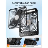 Warmco 20000mAh Camping Ventilator Oplaadbaar, Ultra-Dun 27cm Hoog met LED-Lamp, 48u Looptijd, Draagbare Tafelventilator voor Tent, Reizen, Buiten, Slaapkamer