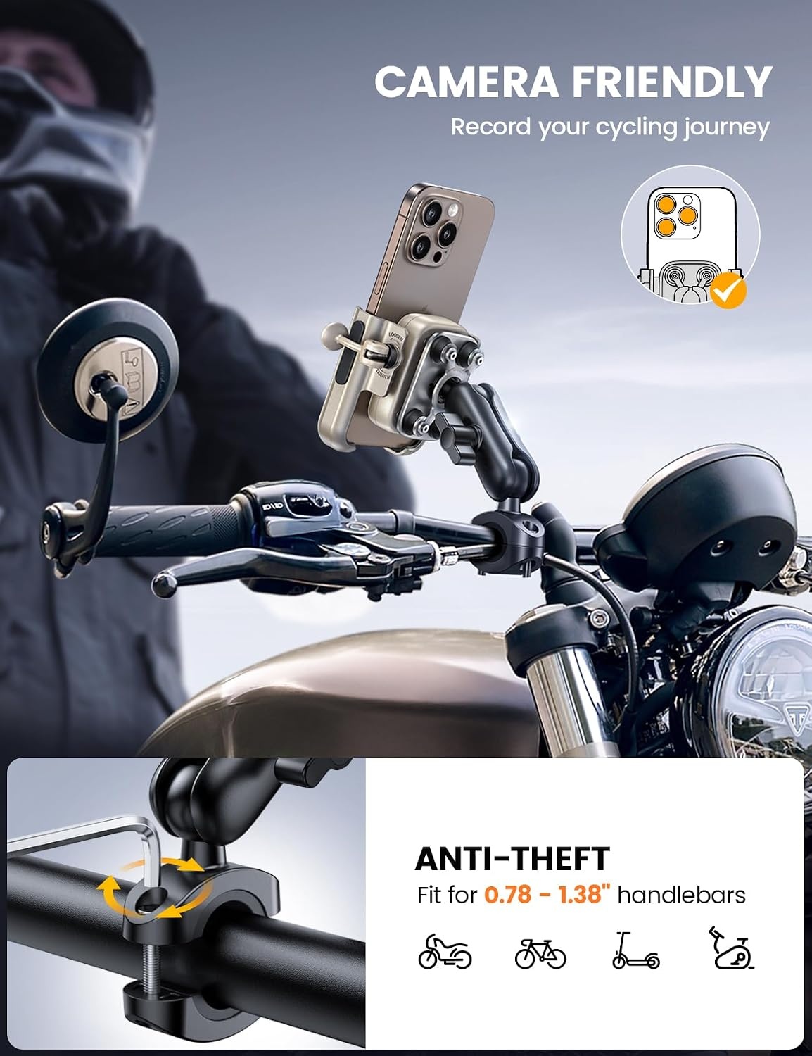 Lamicall Telefoonhouder voor Motor en Fiets - Goud - Geschikt voor 4,7-7,2 inch telefoons