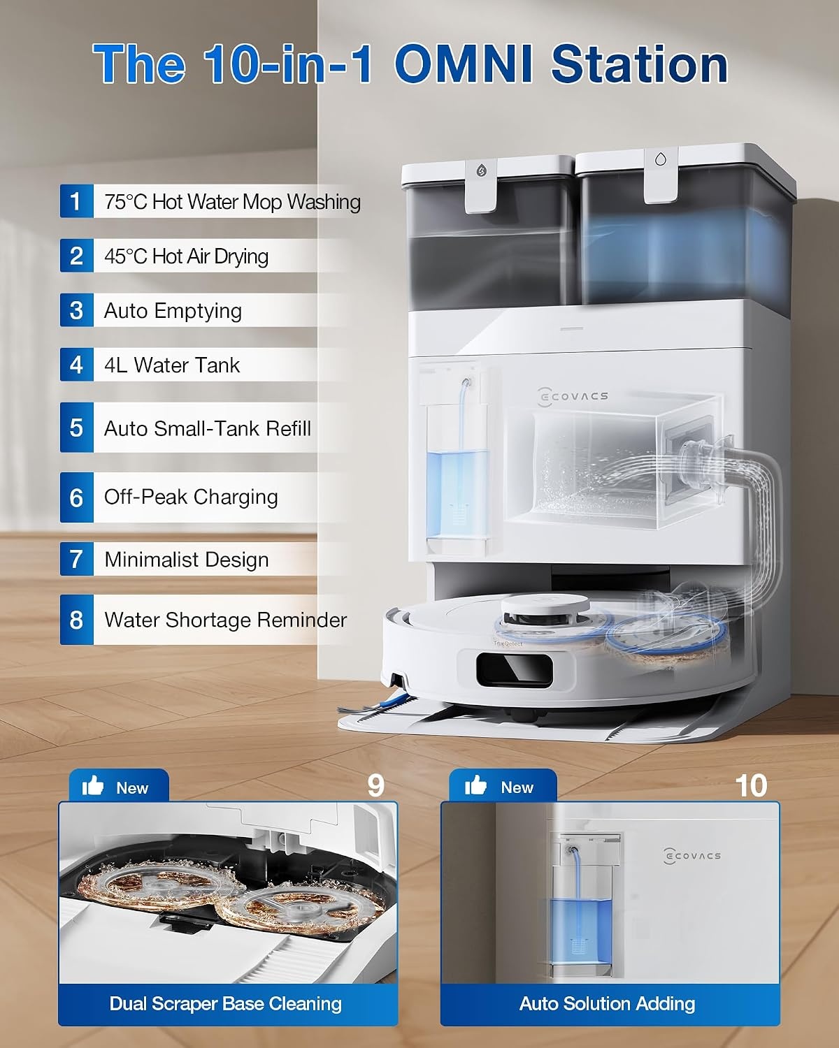 ECOVACS DEEBOT T30C OMNI Robotstofzuiger en Dweilrobot, 20.000 Pa, ZeroTangle 3.0, TruEdge 2.0, TrueMapping 2.0, Alles-in-één OMNI-station, Automatisch zelfreinigingssysteem, Wit