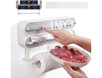 DBREAKS Wandrolhouder keuken 3 rollen, keukenrolhouder, magnetisch, vershoudfolie snijder, vershoudfoliedispenser, aluminiumfoliedispenser, folie papierrolhouder, met vershoudfolie - Maat Frischhaltefolie