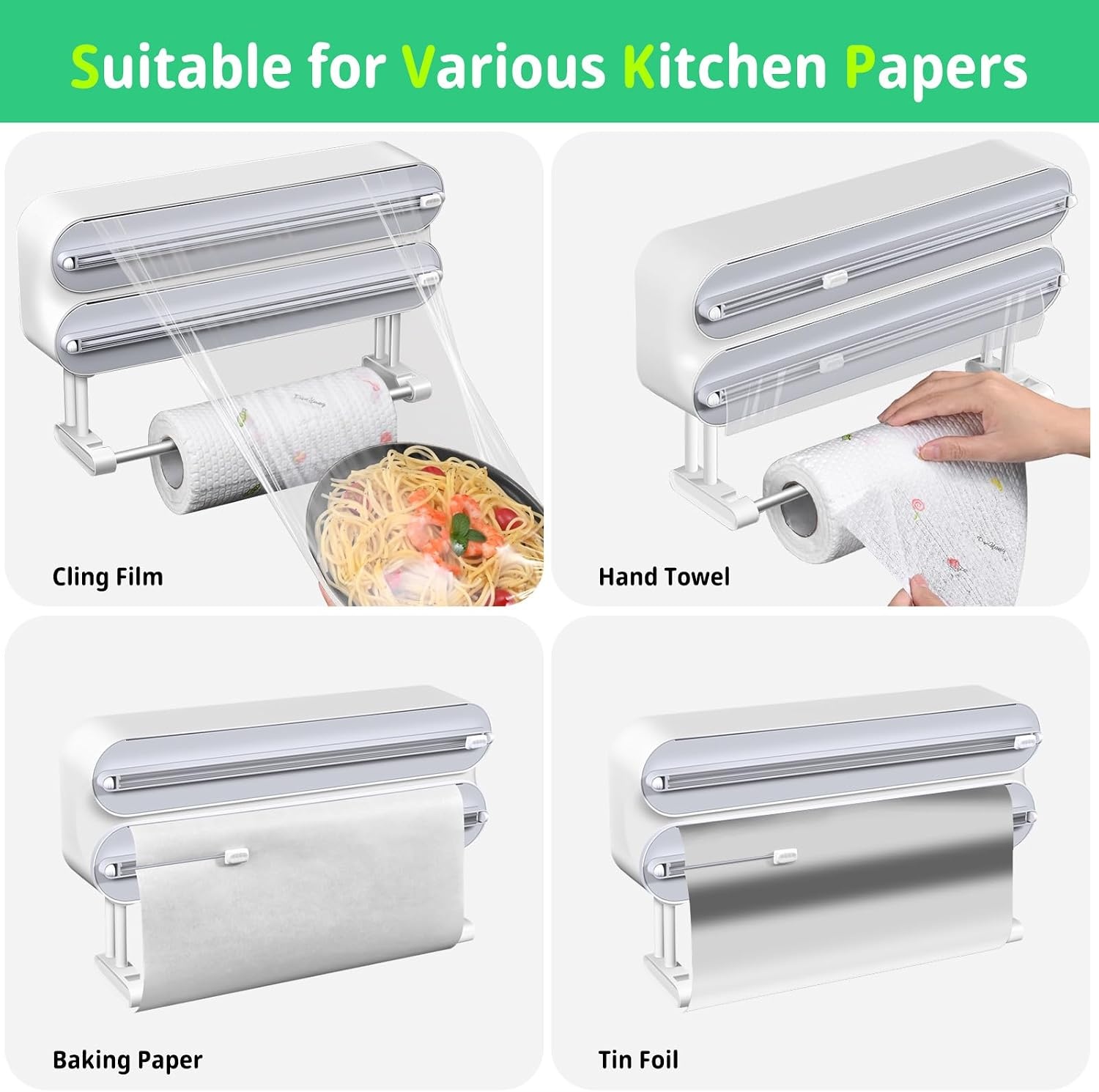 DBREAKS Wandrolhouder keuken 3 rollen, keukenrolhouder, magnetisch, vershoudfolie snijder, vershoudfoliedispenser, aluminiumfoliedispenser, folie papierrolhouder, met vershoudfolie - Maat Frischhaltefolie