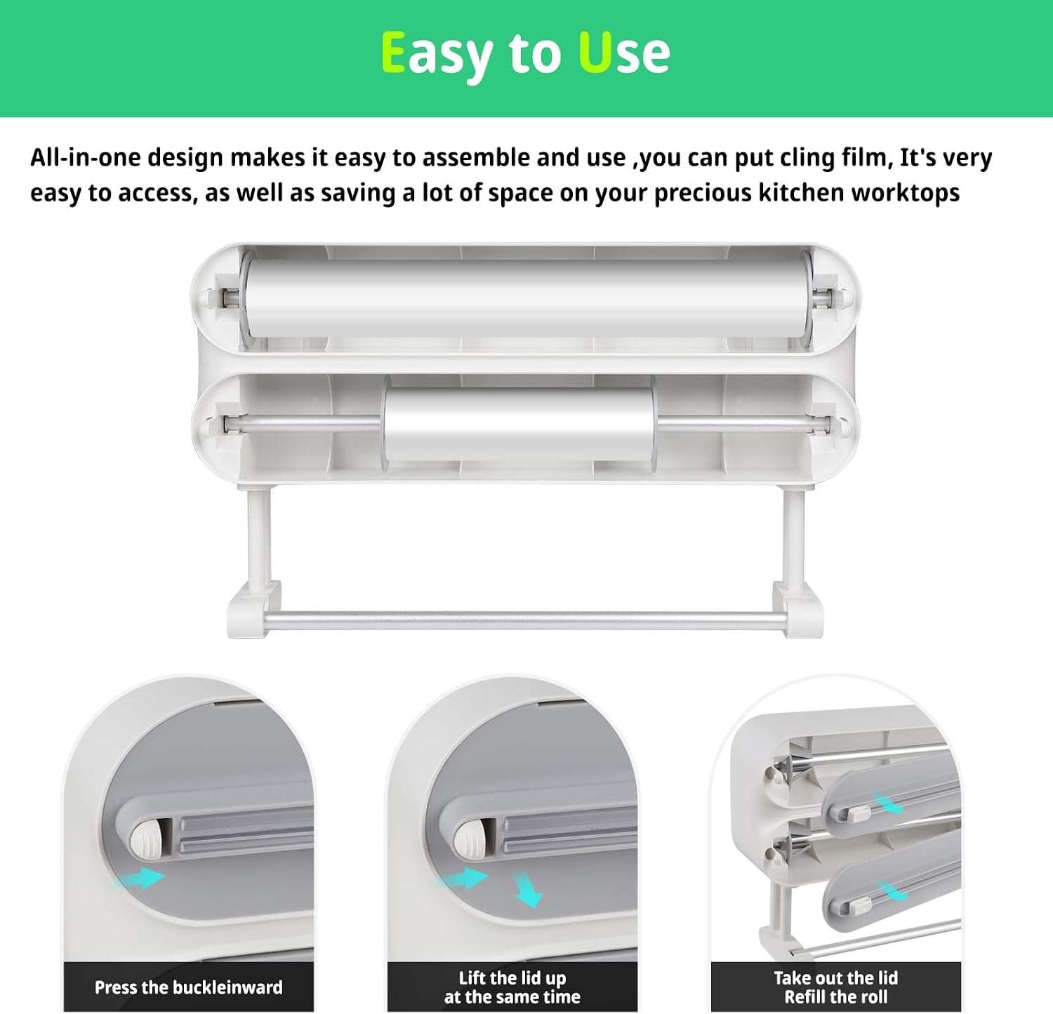 DBREAKS Wandrolhouder keuken 3 rollen, keukenrolhouder, magnetisch, vershoudfolie snijder, vershoudfoliedispenser, aluminiumfoliedispenser, folie papierrolhouder, met vershoudfolie - Maat Frischhaltefolie