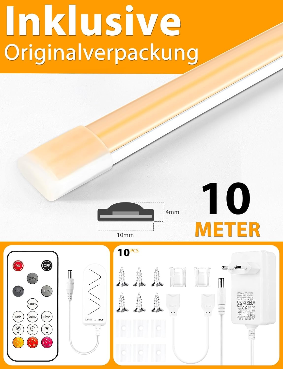 Lamomo COB Ledstrip, 10 m, warmwit, dimbaar, neon ledstrip, waterdicht, 3000 K, ledstrip met afstandsbediening, 10 mm breed, siliconen flexibele band voor slaapkamer, binnen, buiten, keukendecoratie