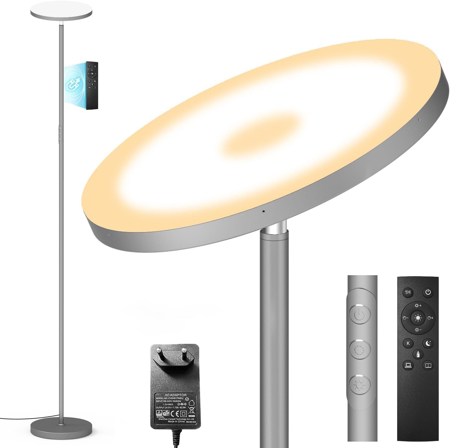 LED Vloerlamp Grijs, 3200LM 36W Super Heldere Dimbare Vloerlamp Woonkamer 2700K-6500K Traploos Dimmen, Afstandsbediening en Touch Control, Moderne Vloerlamp voor Woonkamer Slaapkamer Kantoor