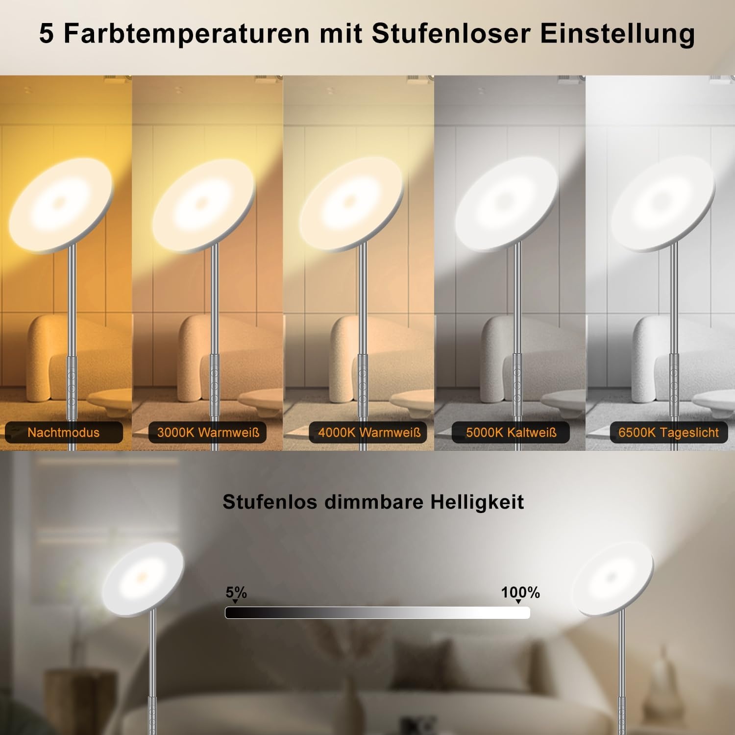 LED Vloerlamp Grijs, 3200LM 36W Super Heldere Dimbare Vloerlamp Woonkamer 2700K-6500K Traploos Dimmen, Afstandsbediening en Touch Control, Moderne Vloerlamp voor Woonkamer Slaapkamer Kantoor