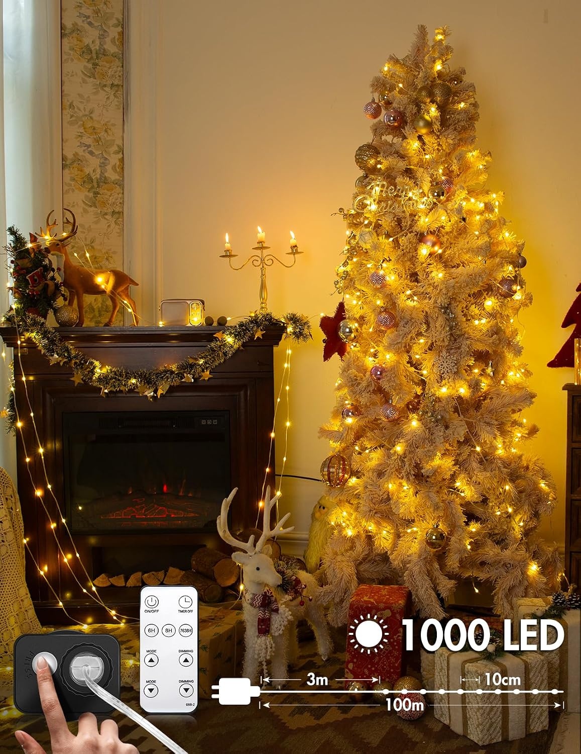 Lichtsnoer met 1000 leds, lichtketting voor buiten, 100 m, met 8 modi, IP44, waterdicht, voor terras, tuin, achtertuin, decoratie, warm wit