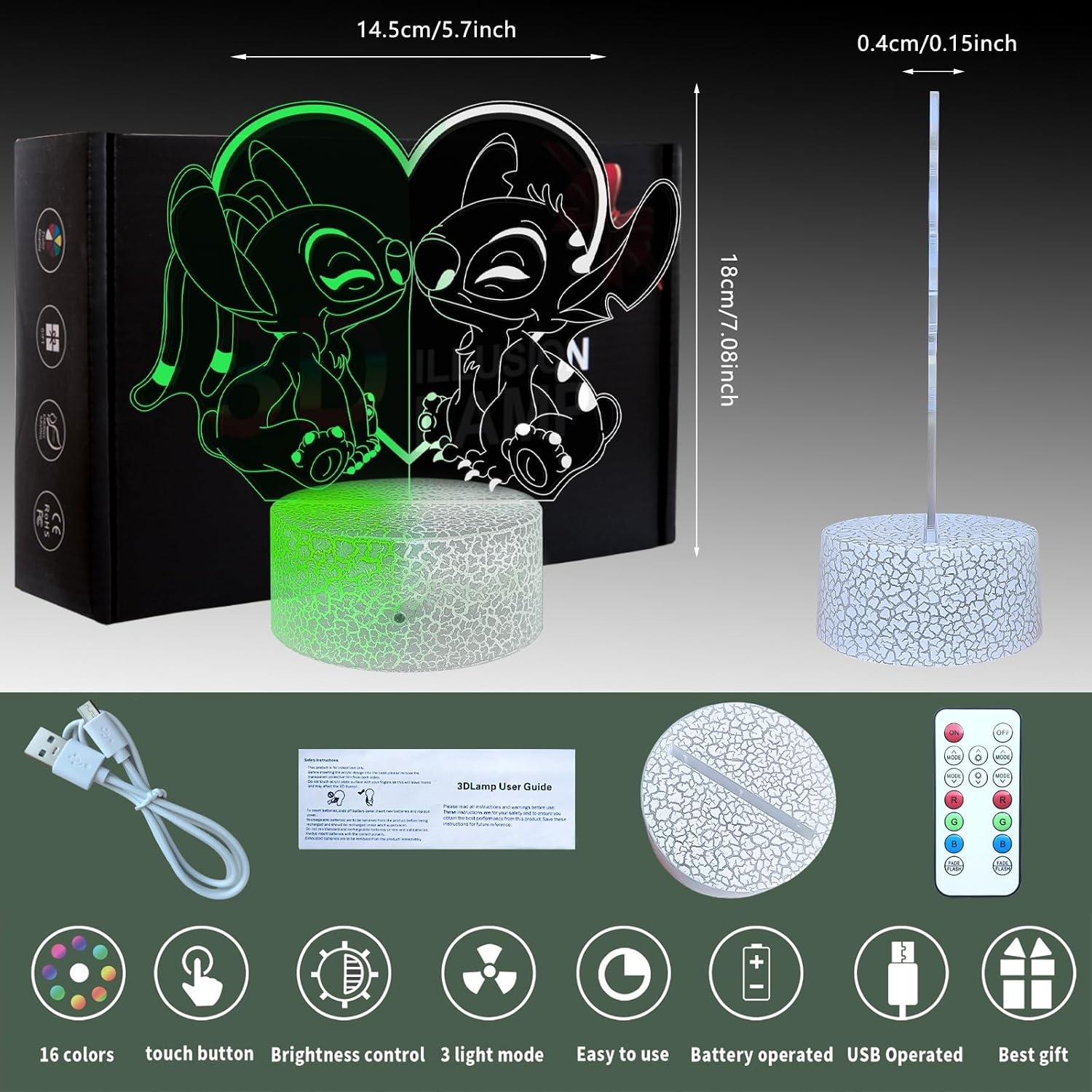 Stitch 3D LED Nachtlamp Kinderkamer | 16 Kleuren | Kleurwissel | Incl. Afstandsbediening