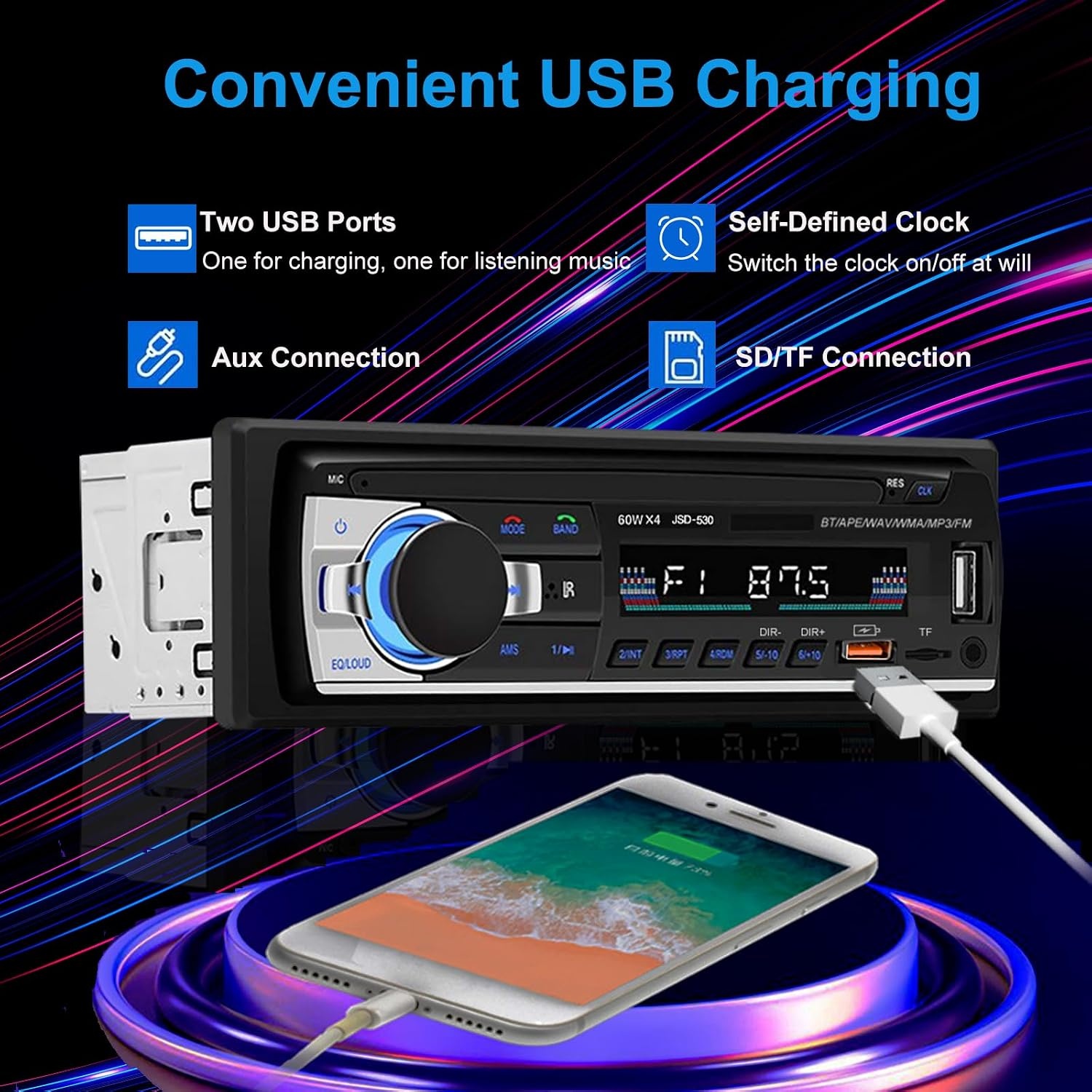 Autoradio Bluetooth 5.0, 4 x 60 W 1 DIN AM/FM autoradio met handsfree functie, stereogeluid met klok/afstandsbediening/dubbel USB/LCD-scherm, ondersteunt 2 USB/AUX/SD/TF/EQ/DSP