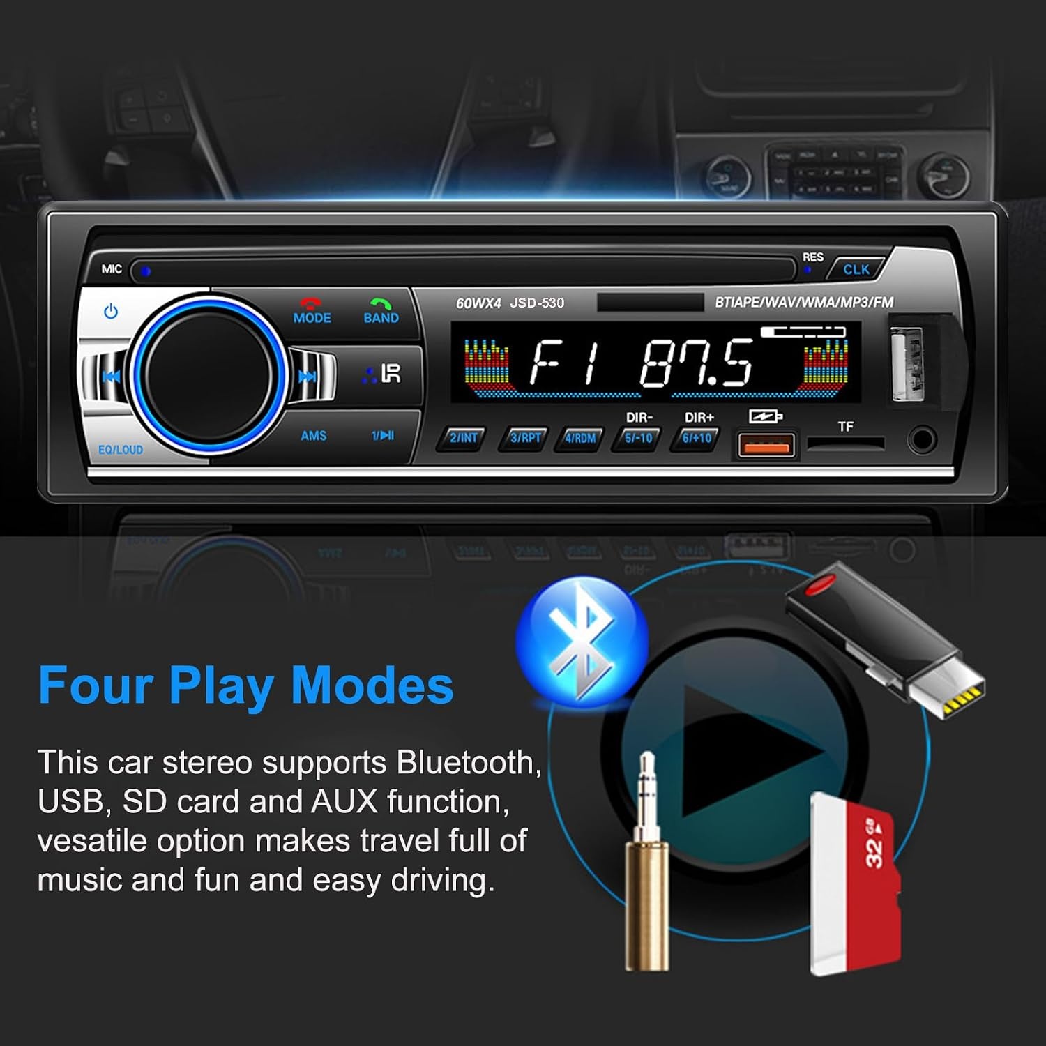 Autoradio Bluetooth 5.0, 4 x 60 W 1 DIN AM/FM autoradio met handsfree functie, stereogeluid met klok/afstandsbediening/dubbel USB/LCD-scherm, ondersteunt 2 USB/AUX/SD/TF/EQ/DSP